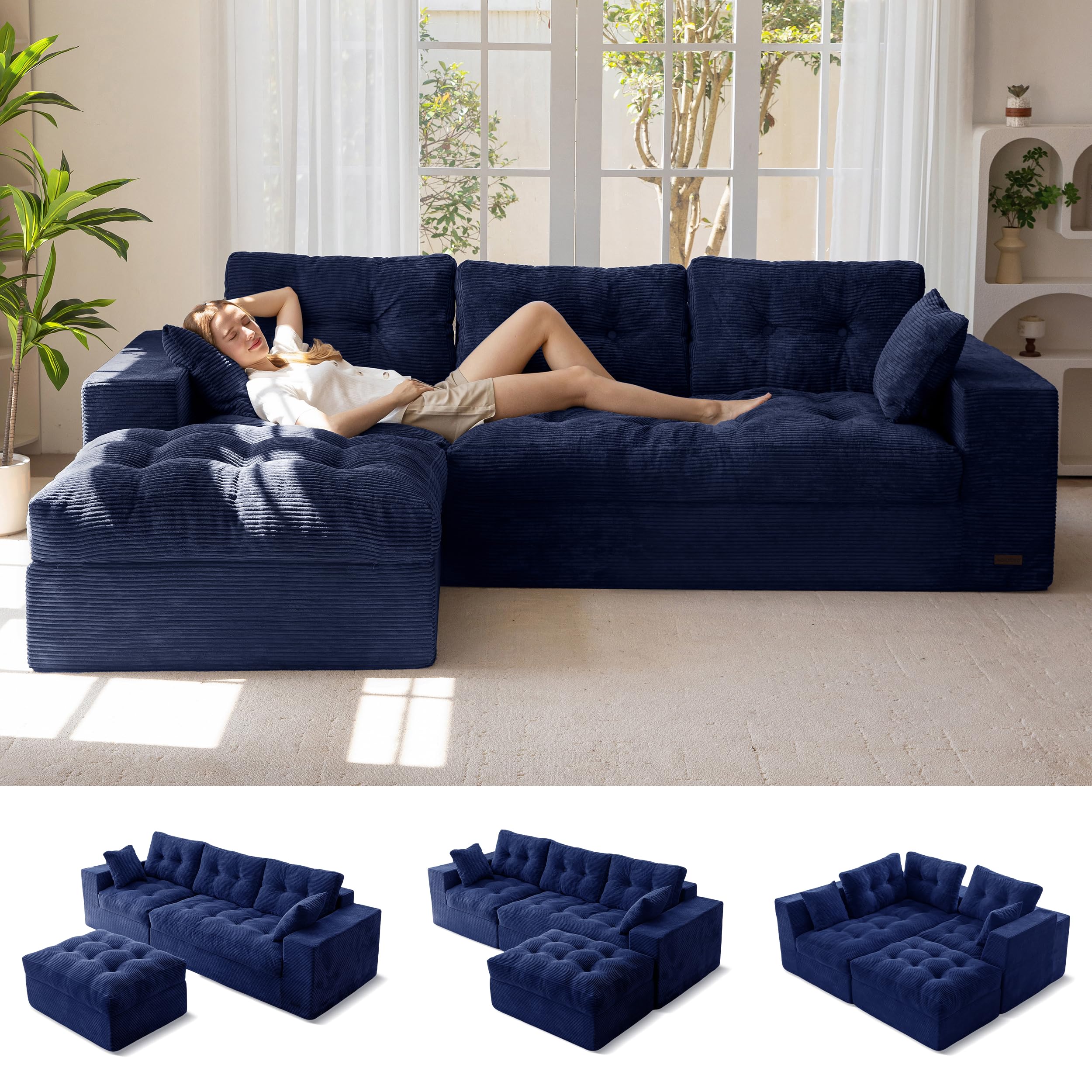 MAXYOYO Boneless Couch, 104-Inch L-Shaped Cloud Couch with Ottoman