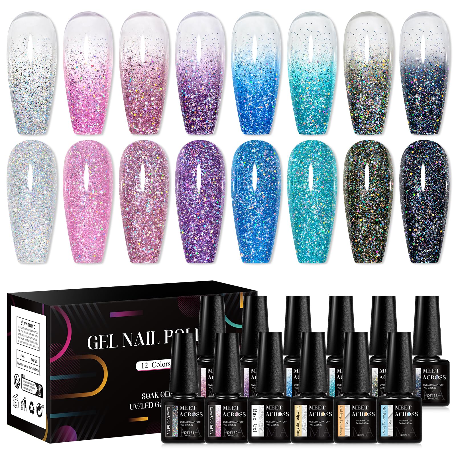 MEET ACROSS 12 Pcs Jelly Glitter Gel Nail Polish Set, 8 Colors Translucent Laser Colorful Shimmer Gel Polish Pink Purple Blue Grey Nail Polish with