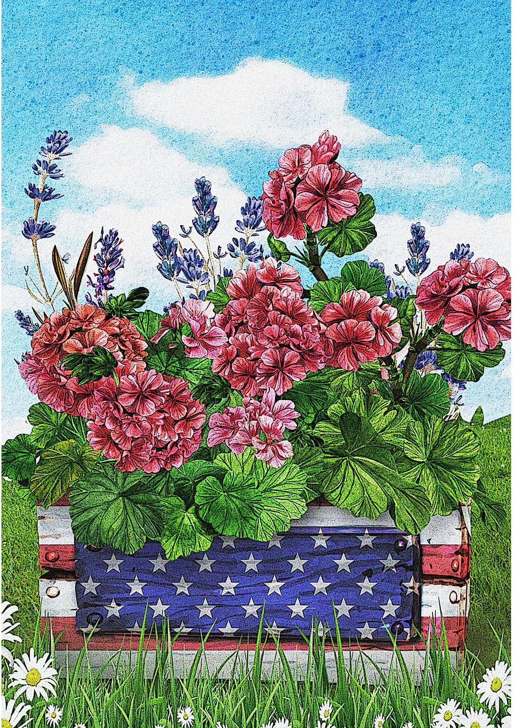 America Forever Patriotic Geraniums Floral House Flag 28 x 40 inch 4th of July Stars and Stripes Red Flowers Yard Outdoor Decorative Geranium Welcome Flag