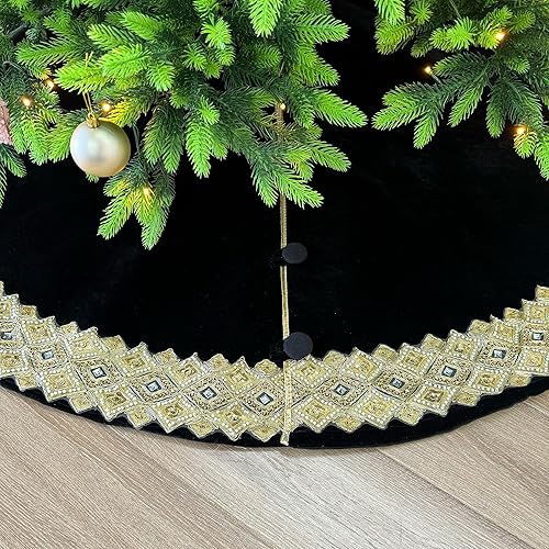 Miniatura 6 de Falda veneciana dorada para árbol de Navidad de 60 pulgadas con banda dorada y trabillas para botones, color negro