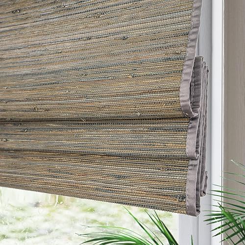 Vista 31 de Yin Yang Persianas romanas de bambú opacas sin cables, elegantes persianas romanas de madera tejida natural con salvia, persianas romanas de bambú