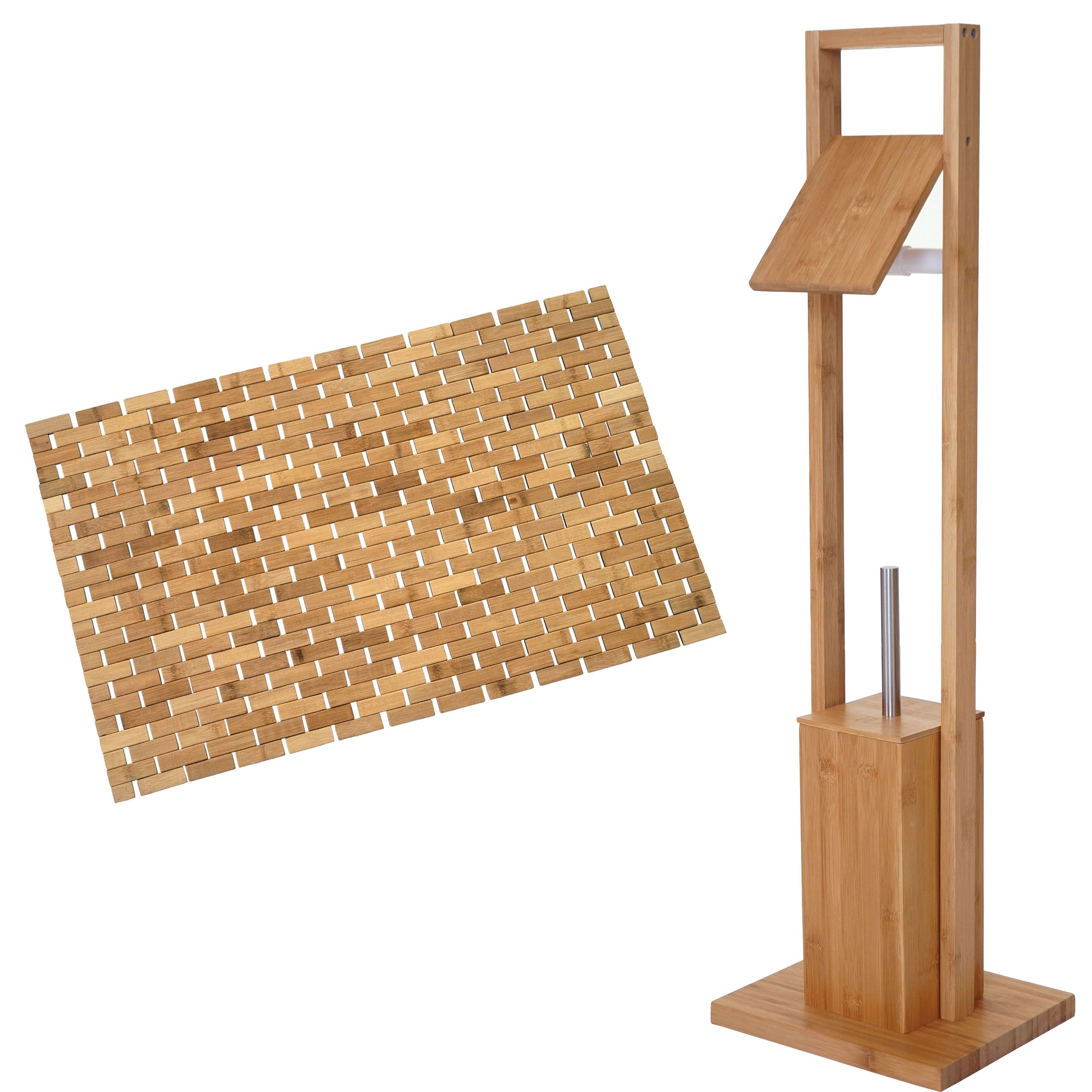 Mendler HWC-B18 - Juego de soporte para papel higiénico y alfombrilla de baño (bambú) | Alfombrilla de baño, muebles de baño, set de baño
