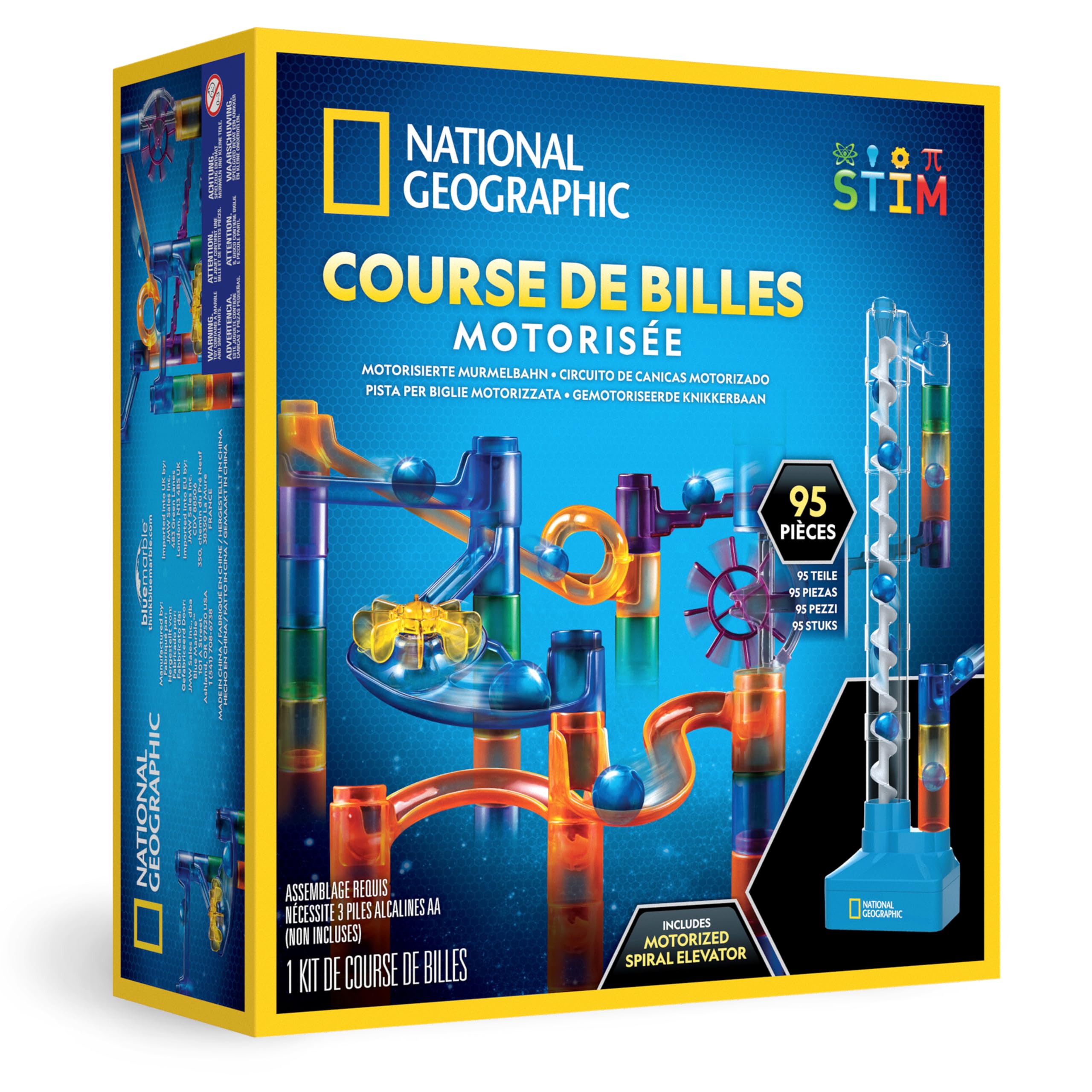 Circuit à Billes National Geographic avec Ascenseur Motorisé – Kit de 95 Pièces avec Spirale Électrique, 20 Billes, Sac de Rangement et Plus, Machine à Mouvement Perpétuel, Jouet de Physique