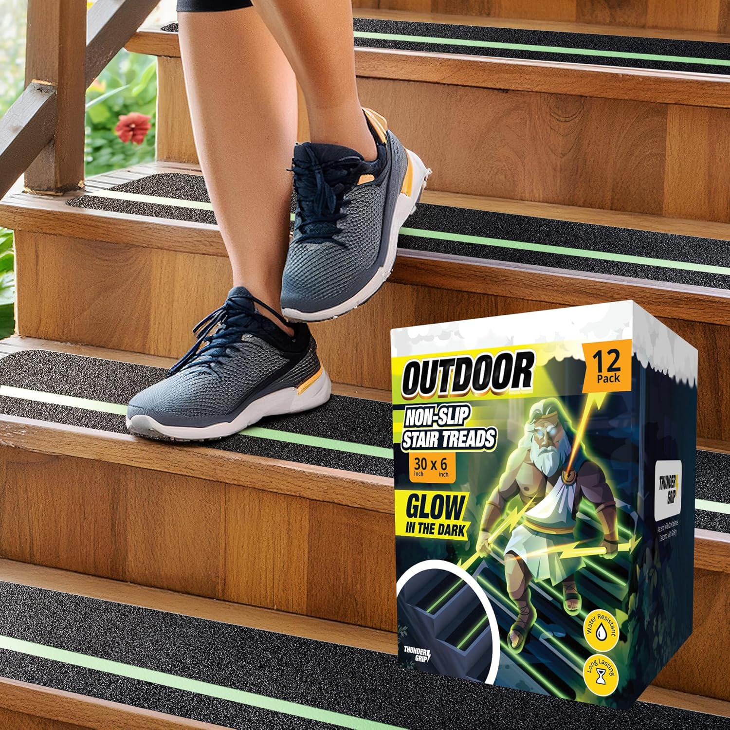 Grip Tape for Stairs 30" x 6" - 12-Pack Glow in the Dark Outdoor Stair Treads Non-Slip Weather Resistant - Anti Slip Tape for Exterior Wooden Steps - Waterproof 80-Grit Adhesive Treads