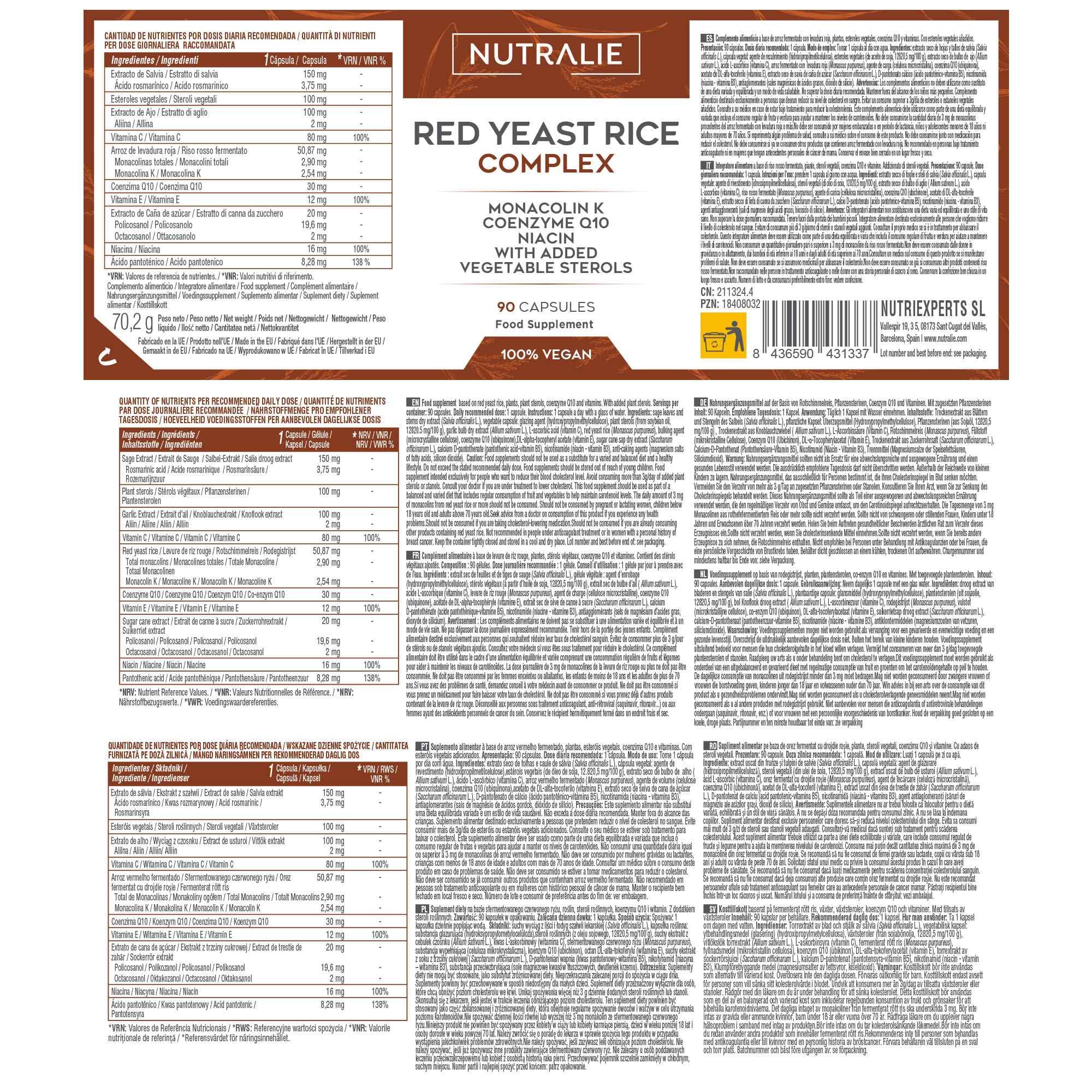 LEVURE DE RIZ ROUGE 2,9mg Monacoline K + Q10 + Vit C E - Levure de riz rouge - 90 Gélules Vegetales Nutralie