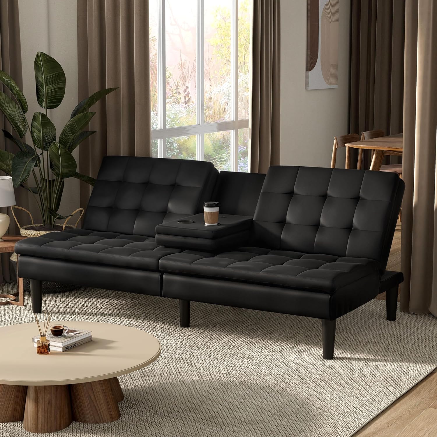 Furniture of America Fallein Modern Contemporary Wood 71.5-inch Futon Sofa Bed with Drop-Down Table, Cup Holders, USB-A Charger, Biscuit Tufting for Bedroom, Guest Room, Black