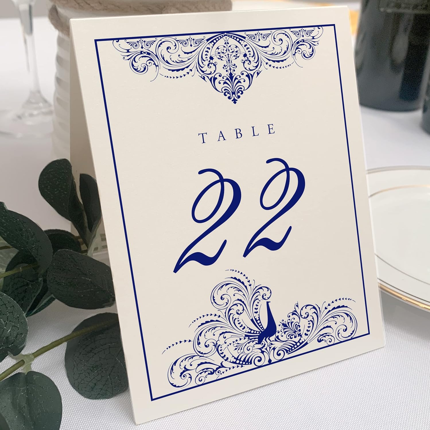 Peacock Flourish Wedding Table Numbers (Select Color/Quantity), Champagne, Gold, 1-20, Double Sided, Tent or Use in a Stand, Great for Parties & Restaurants - Made in the USA