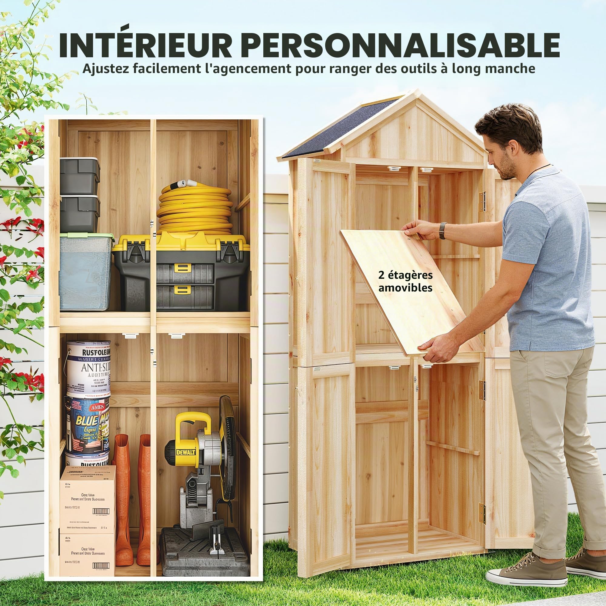 Outsunny Armoire de Jardin en Bois avec 4 Portes et 190cm Bois Naturel