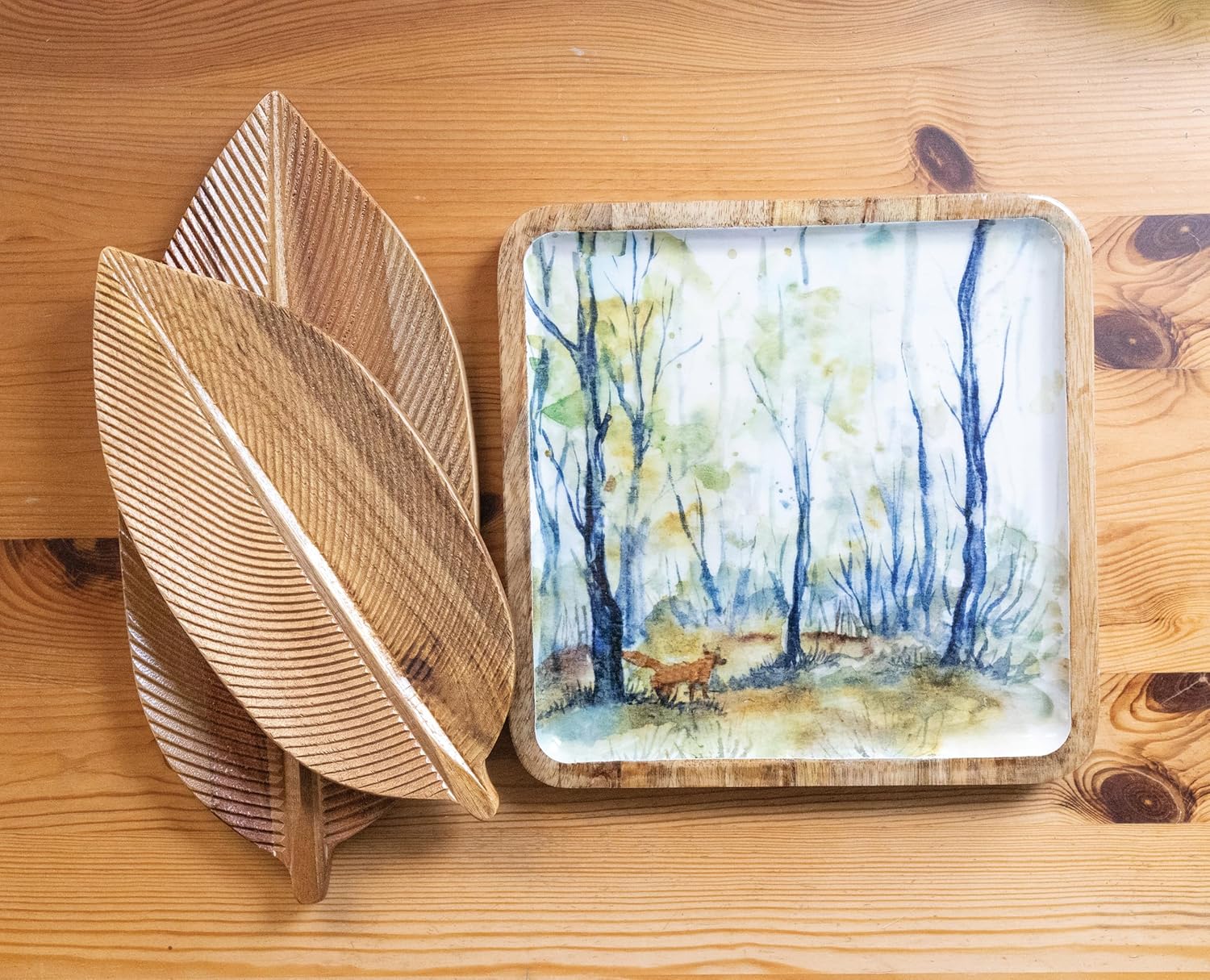 Boston International Square Platter Mango Wood & Enamel Serving Dish, 10" x 10", Amber Woods