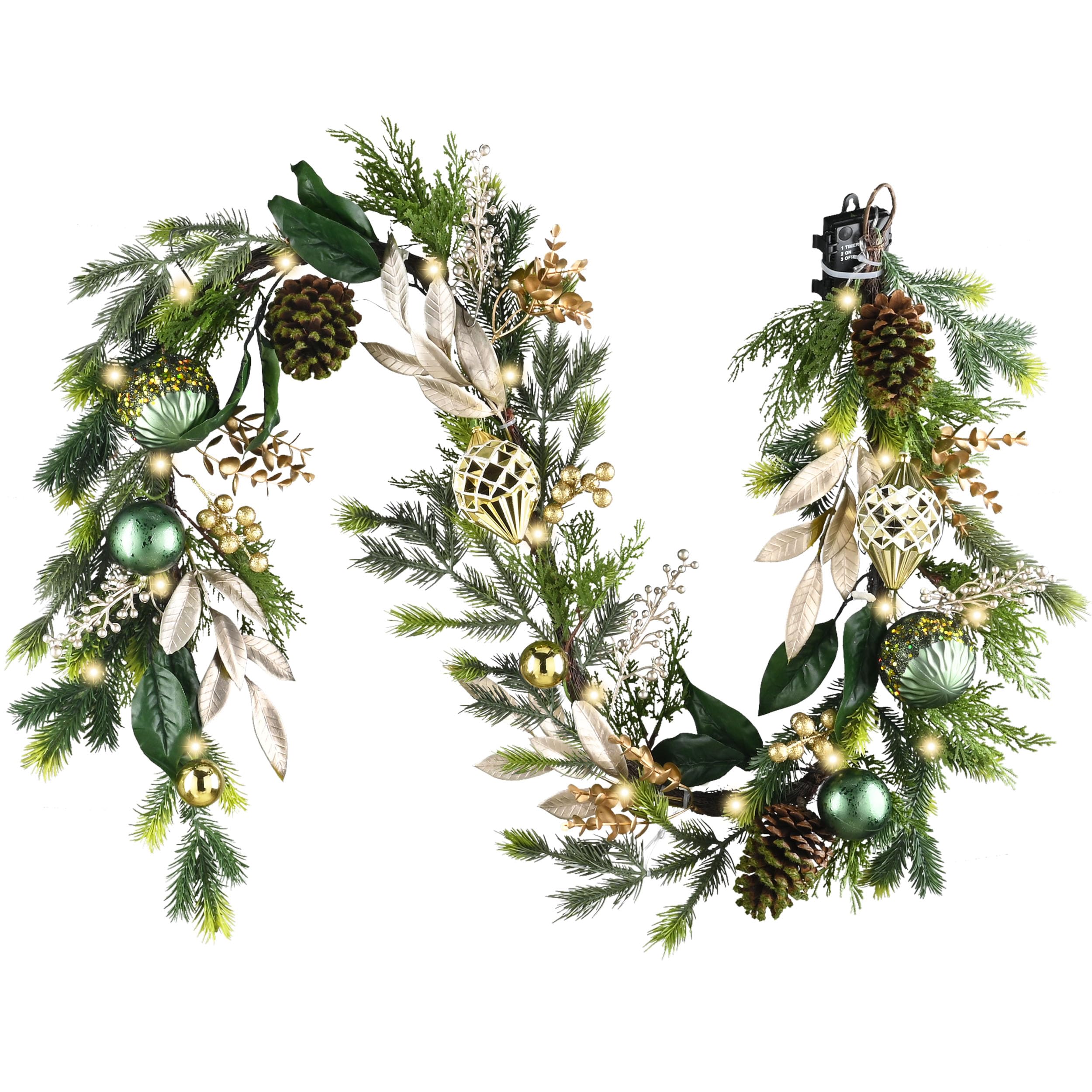 Guirlande de Noël lumineuse à piles avec pommes de pin et boules or