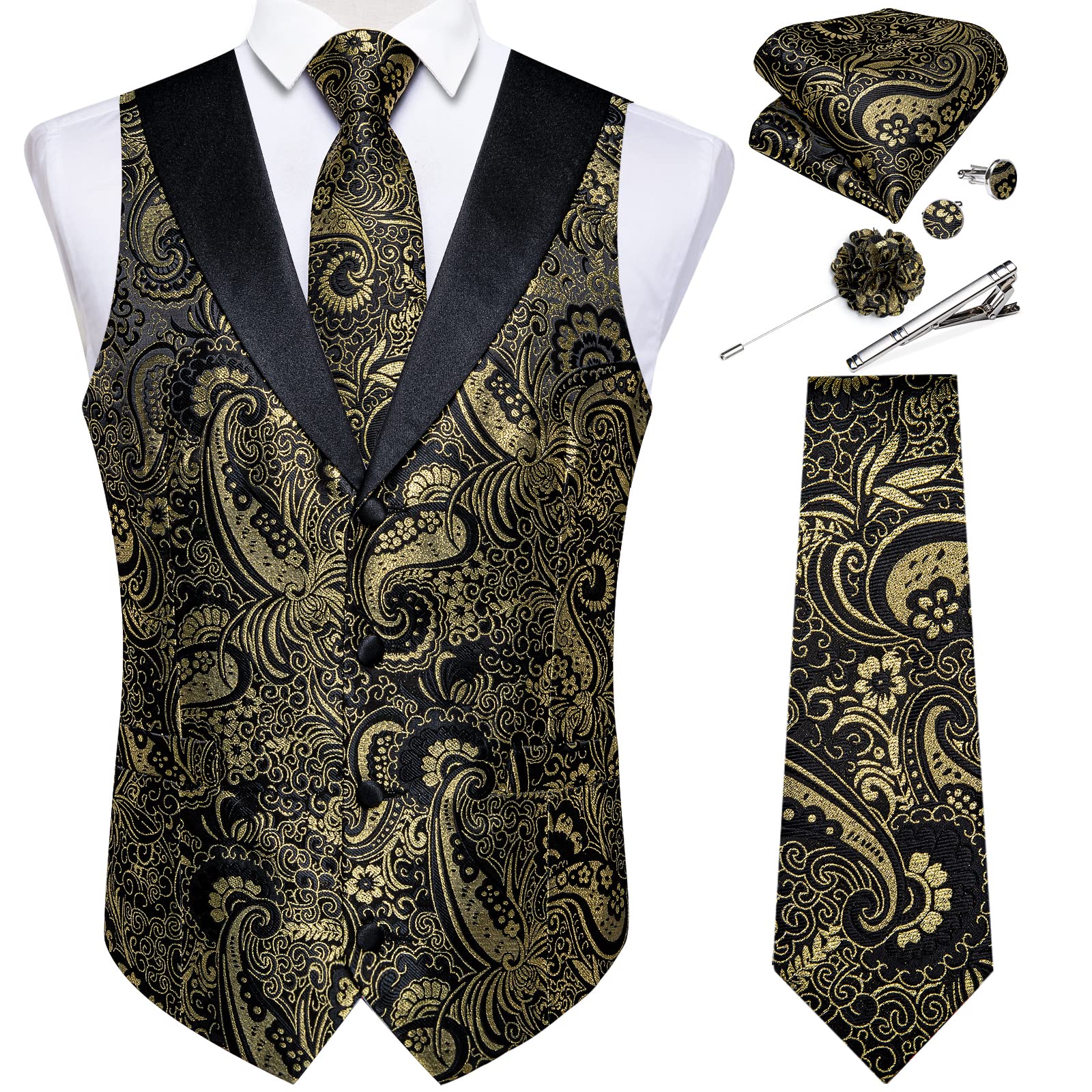 DiBanGu Mens Paisley Suit Vest Silk Jacquard Waistcoat and Necktie Set Formal Shawl Collar Dress Vest 7PCS for Wedding Party