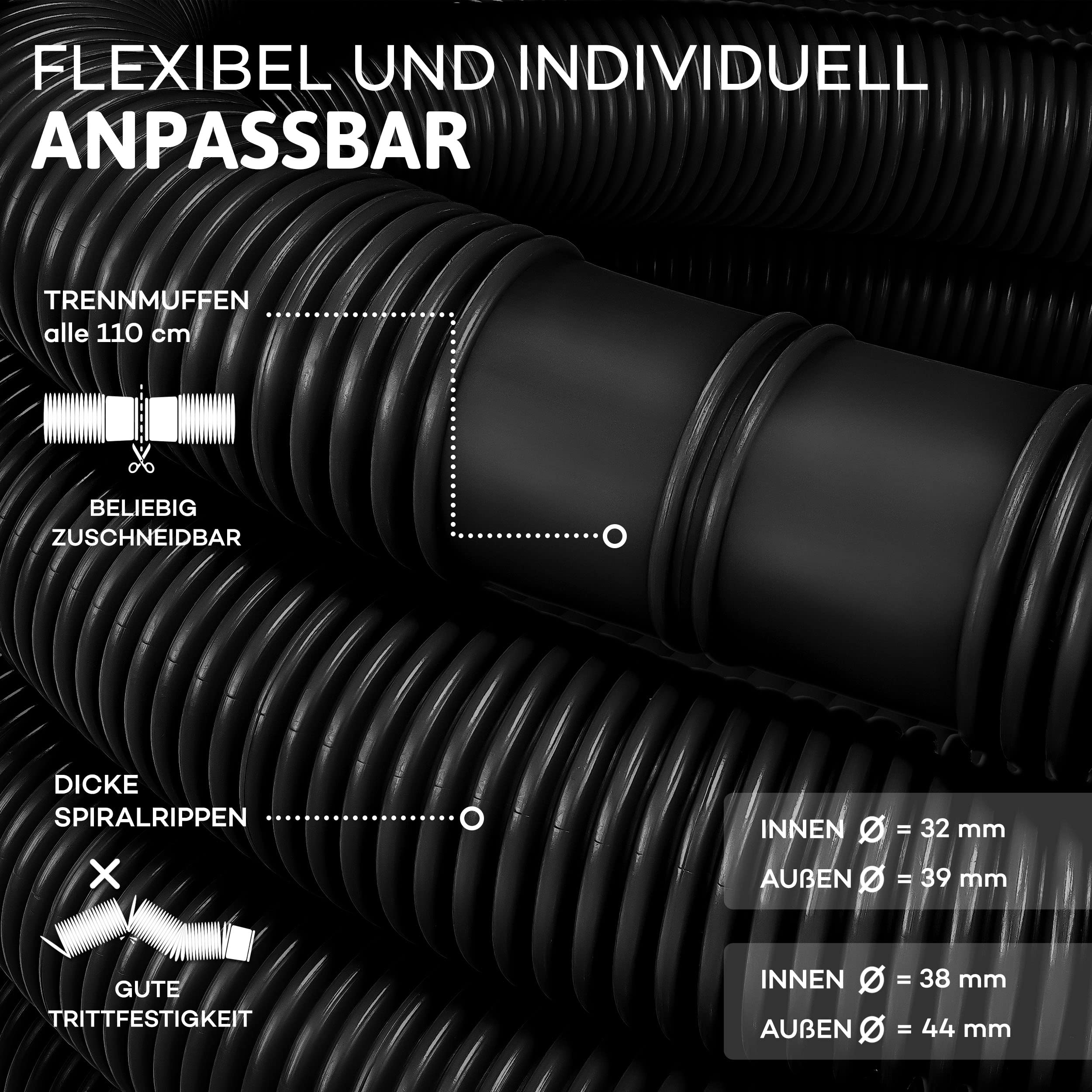 tillvex Poolschlauch Made in Germany | Schwimmbadschlauch mit Muffen | Solarschlauch für Pool und Schwimmbecken | Saugschlauch | Pumpenschlauch | flexibler Wasserschlauch (Schwarz, 6m / 38mm)