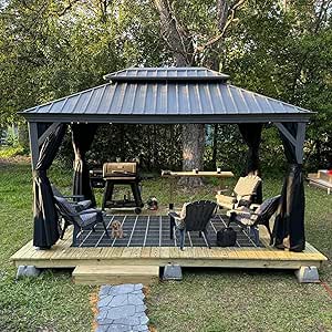 PURPLE LEAF 10&#39; X 14&#39; Permanent Outdoor Hardtop Gazebo Aluminum Frame Patio Gazebo with Galvanized Steel Double Tier Roof for Patio Lawn and Deck, Nettings and Curtains Included, Light Grey