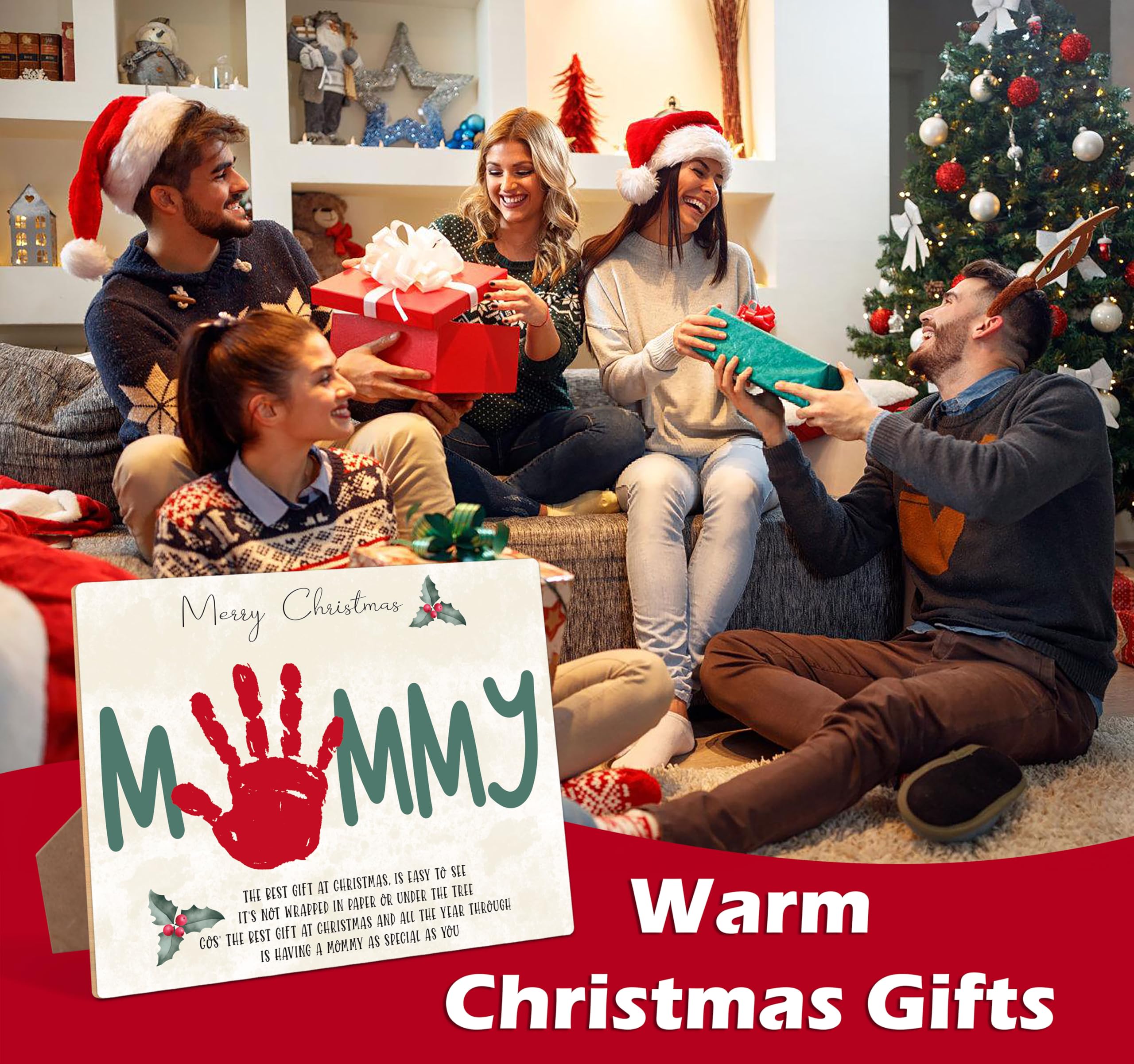 Baby First Christmas Handprint Making drewniany znak, pamiątkowy prezent dla mamy, 21,5 x 28 cm, Boże Narodzenie, rękodzieło, wiszący na zimę, wakacje, zajęcia rodzinne, prezenty świąteczne dla nowej
