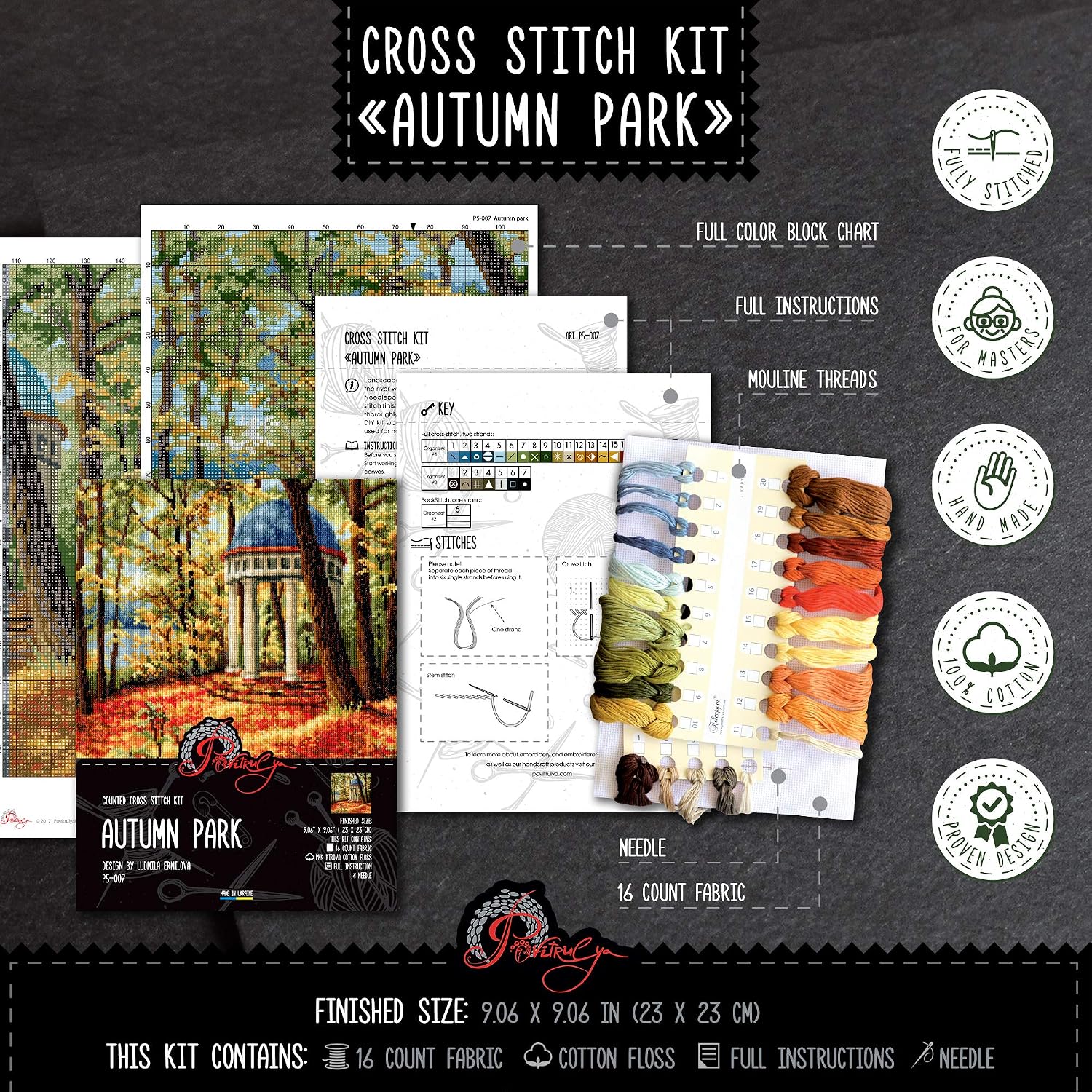 Povitrulya Counted Cross Stitch Kit 'Autumn Park', 9.05" x 9.05", DIY Embroidery Set for Adults with Landscape Pattern, 16 Count Aida, Pre-Sorted Floss and Color Block Pattern