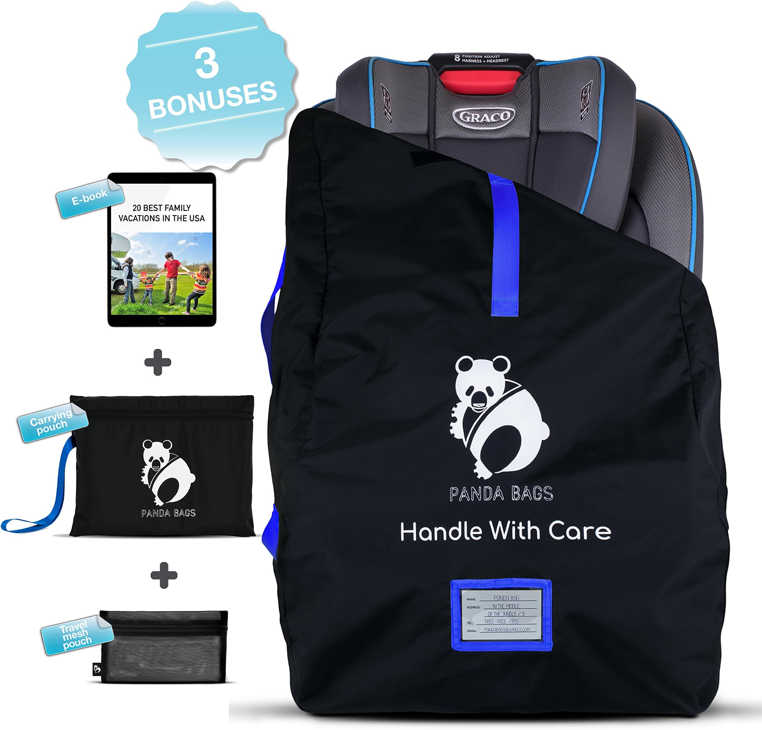 Car Seat Travel Bag by Panda Bags - Car Seat Protector for Infant and Child Car Seat With Double Padded Shoulder Straps For Easy Carry - Durable Car Seat Bag for Airport Gate Check + 3 Special Bonuses