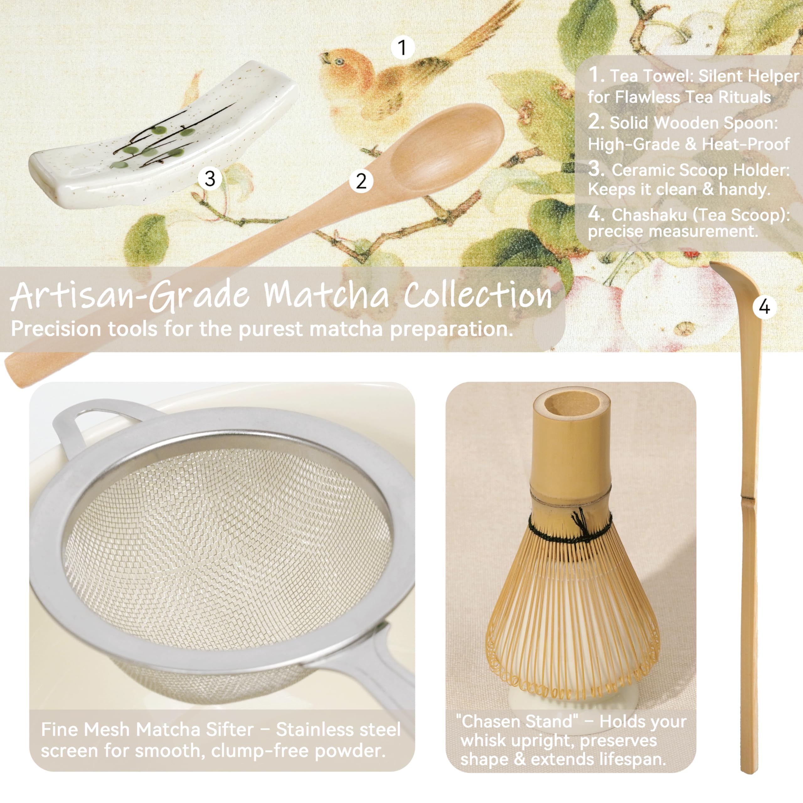 Set de Matcha Beige 8 Piezas – Juego Premium con Cuenco con Vértice, Batidor de Bambú (Chasen), Cuchara y Colador – Regalo Original para Matcha Latte