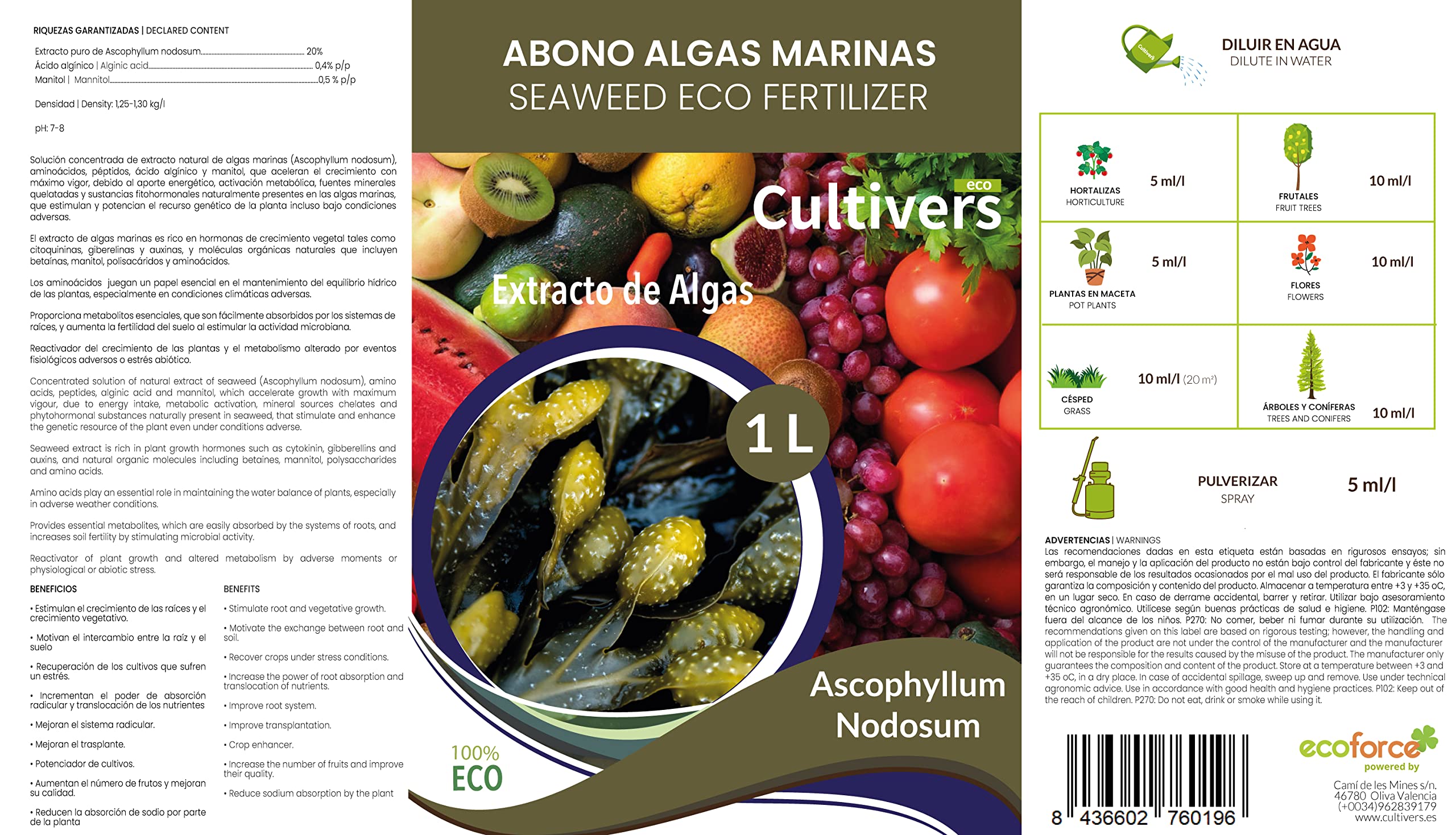 CULTIVERS Engrais liquide aux algues marines 1 l Engrais organique pour plantes extrait d'Ascophyllum nodosum. Booster de croissance, stimulateur de racines, améliore la production