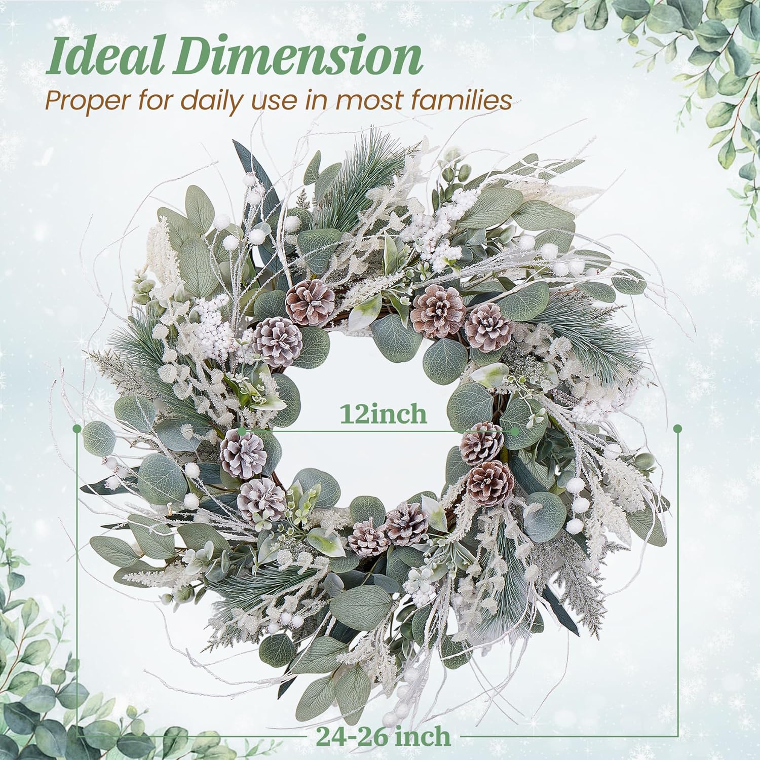 winter wreaths for front door, winter door wreath with white berries pine cones, white snow eucalyptus wreath for all seasons winter christmas door outside decorations 50 pcs twig