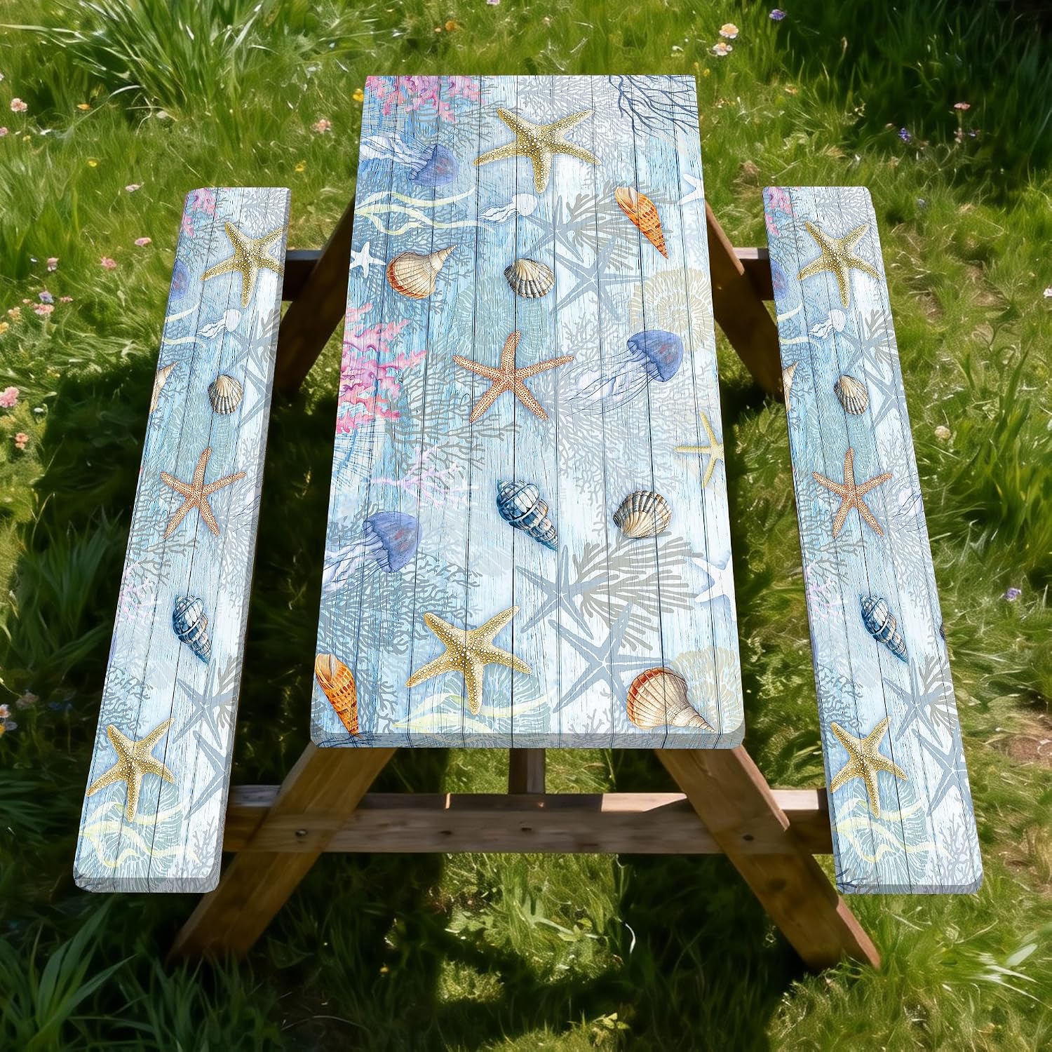 Picnic Table Cover with Bench Covers Elastic Edges, Outdoor Patio Camping Essentials 72 Inch 3PCS, Camper Fitted Table Cover, Waterproof Rectangle Tablecloth with Drawstring Bag,Blue