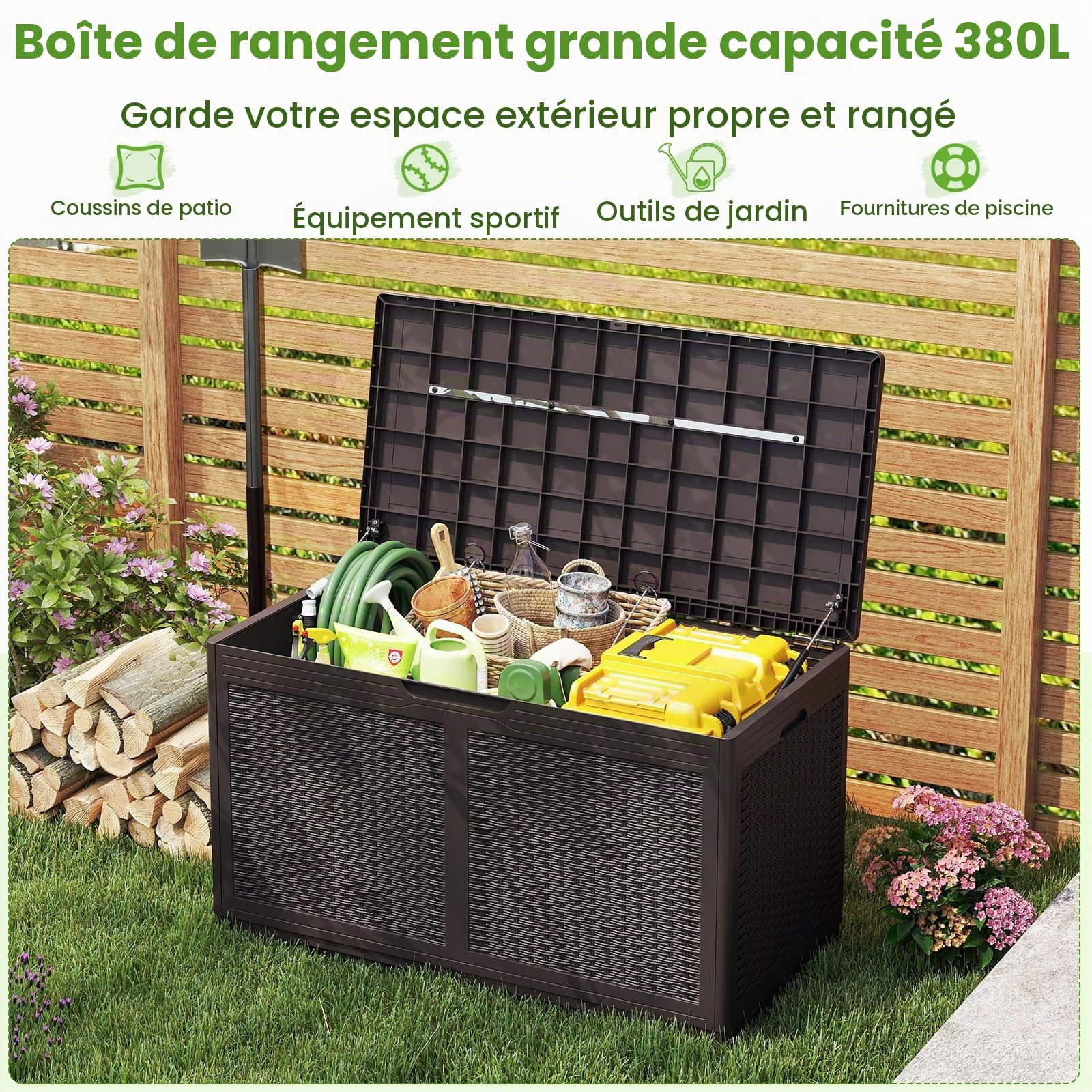 GIANTEX Coffre de Jardin Extérieur 380 L PP, Coffre de Rangement Étanche avec Couvercle, 2 Roulettes, Marron