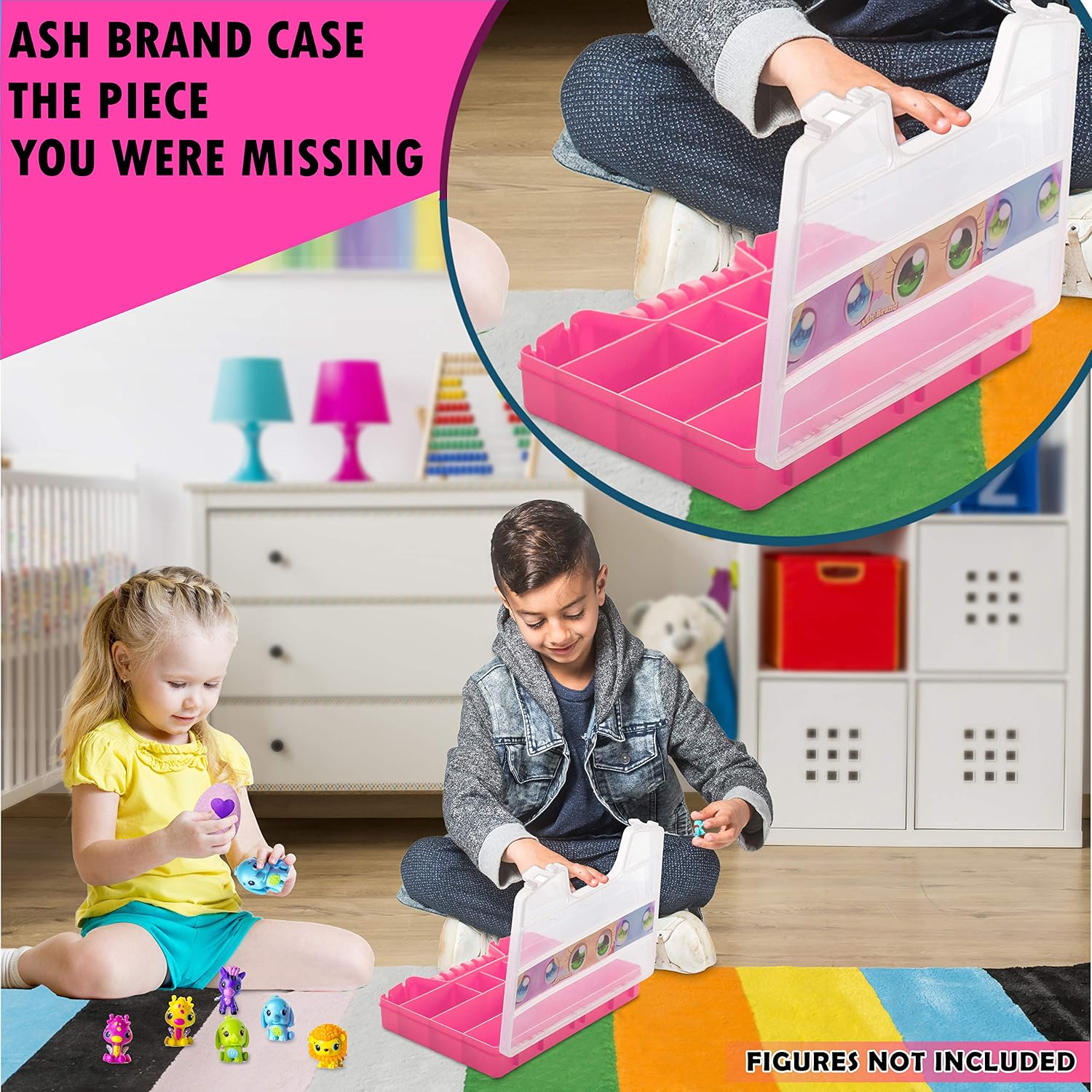 ASH BRAND Durable Figures CASE Organizer Box | Fits Up to 50 Mini Colleggtibles Eggs Toys Figurines, Miniature Characters Or Tiny Figure| Large Compartments | Pink Carrying Case Box with Handle