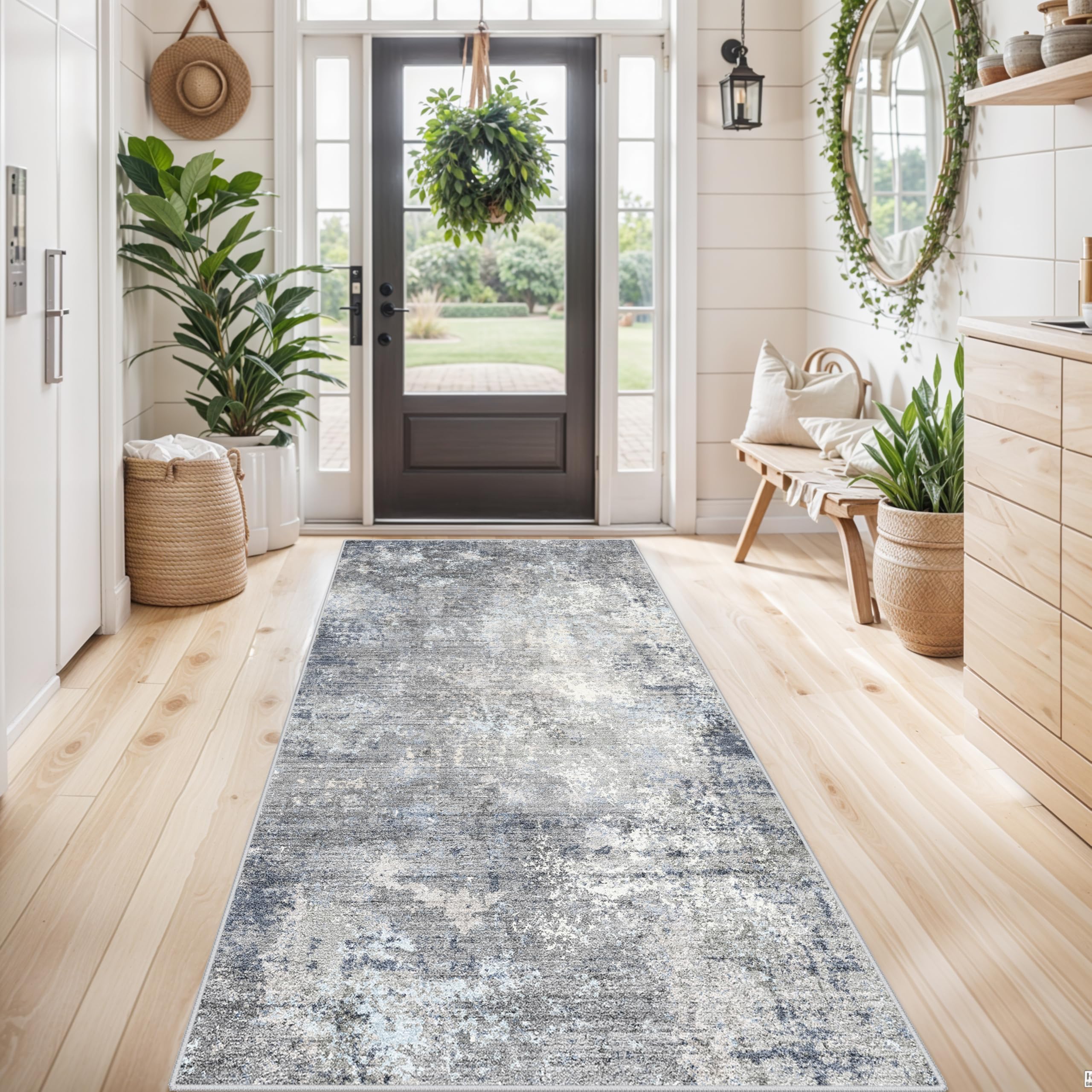 Photo 1 of ****It needs to be washed****4x8 Rug Runner Non-Slip Washable – Large Indoor Door Mat for Entryway Entrance Kitchen Hallway Bedroom – Rubber Backed Floor Mats Modern Abstract Low-Pile Area Rug (Blue Grey, 4x8)