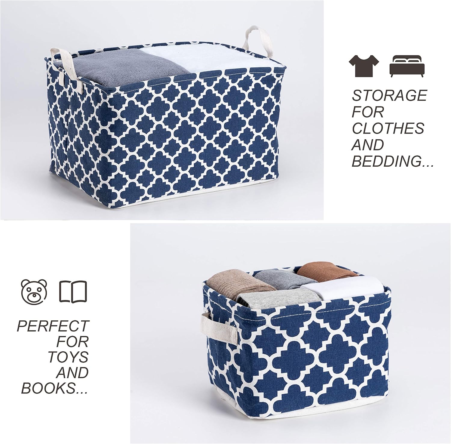 LessMo 3 Pack Square Storage Bins, Collapsible Sturdy Fabric Storage with Handles, Waterproof, Made of Cotton and Linen, for Shelf, Office, Toys, Nursery Home Closet (Lucky)