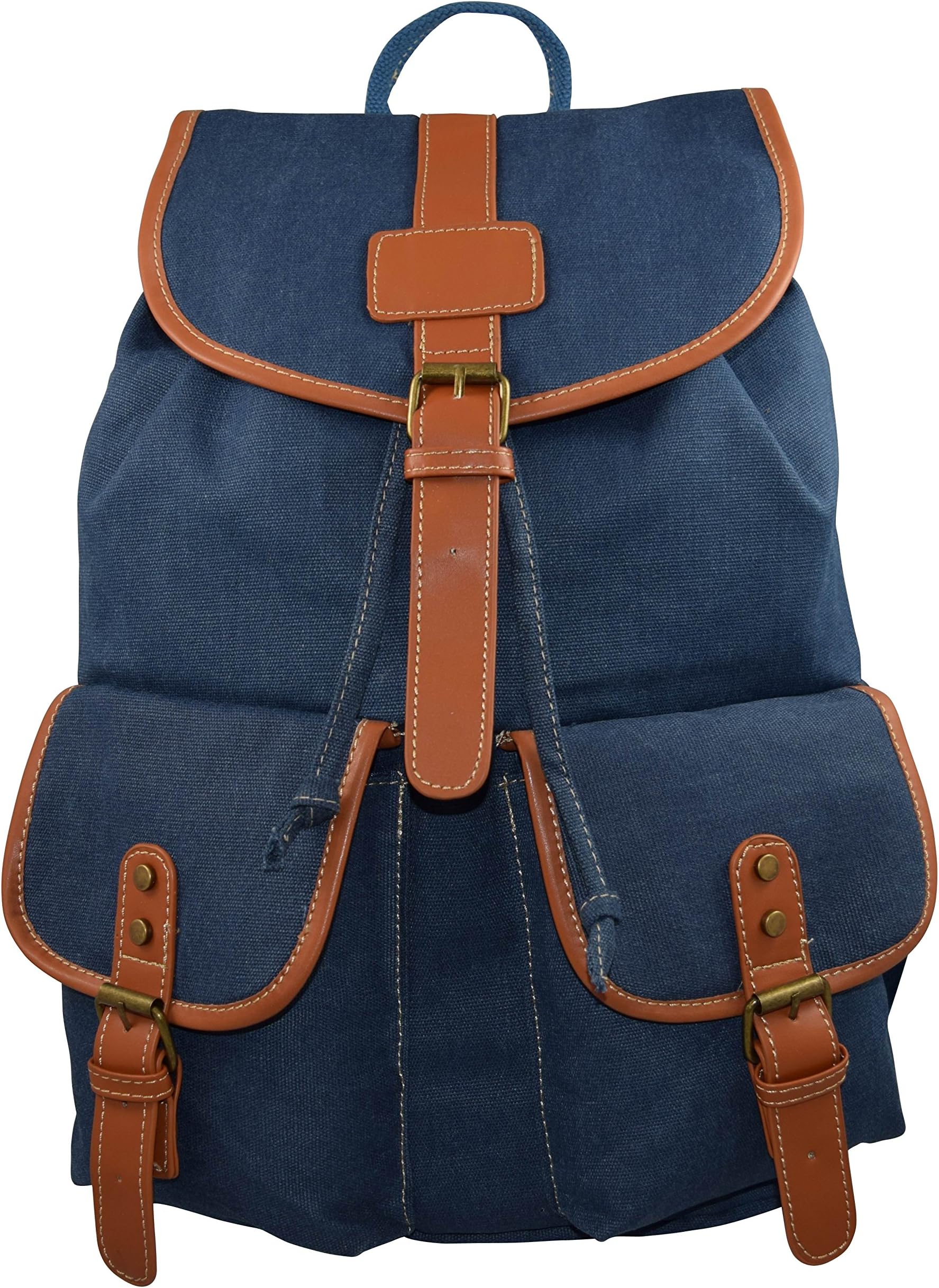 Classic Unisex Canvas With PU Leather Trimming Backpack (Blue)