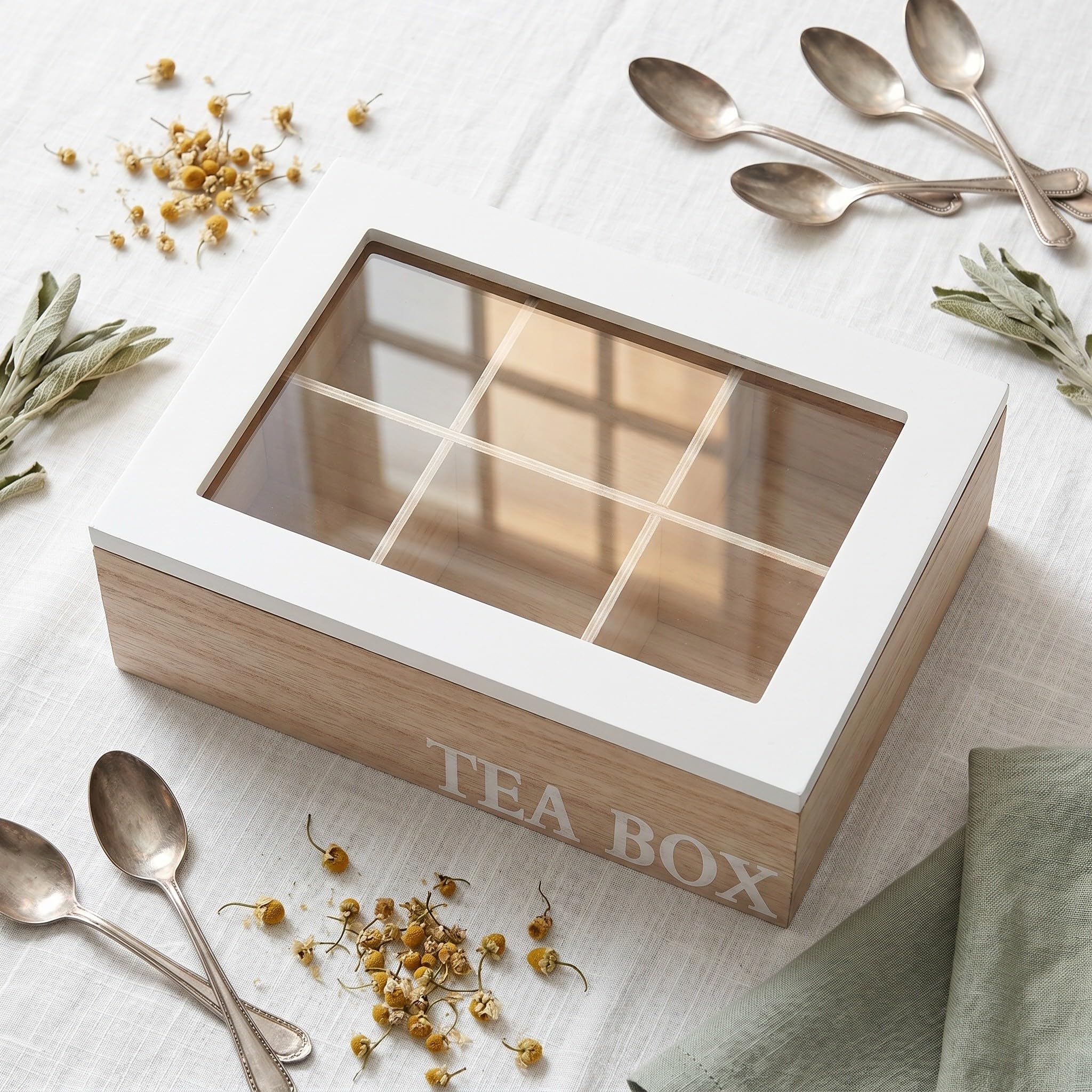 Operitacx Boîte de rangement pour sachets de thé - Boîte à thé en bois à 6 compartiments avec couvercle en verre à charnière - de rangement pour sachets de café à poser sur la table