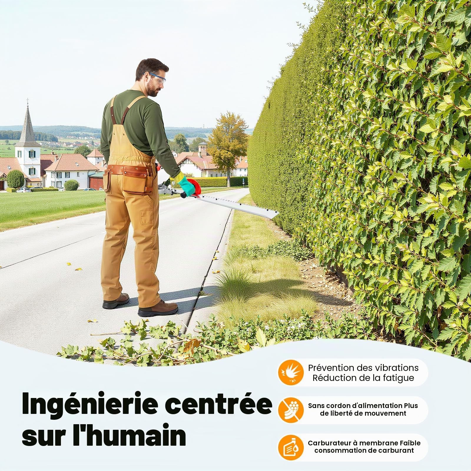 Taille-haie à essence - Moteur 2 temps avec démarrage manuel de 0,65 kW - Lame simple tranchante de 70 cm - Moteur 22,5 cm³ - Diamètre maximum de la branche : 11,88 cm