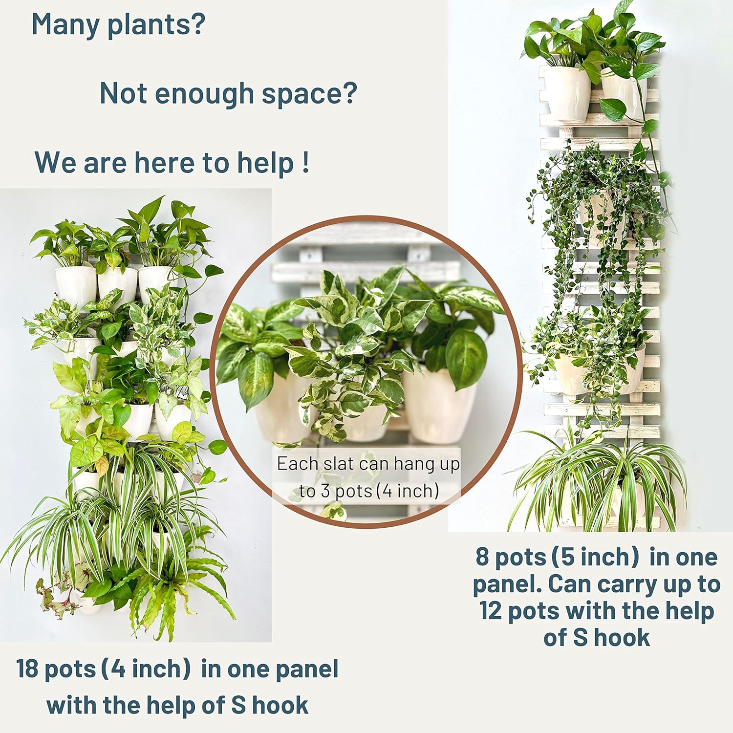 ShopLaLa Bundle- 2 Pack, 47.2 Inch Rustic White Wooden Plant Holder + 6 Pack, 11.8 Inch Multicolor Metal Pots Polka Dot Flower Plant Bucket Large Vertical Hanging Indoor Wall Mount Ladder Garden Decor