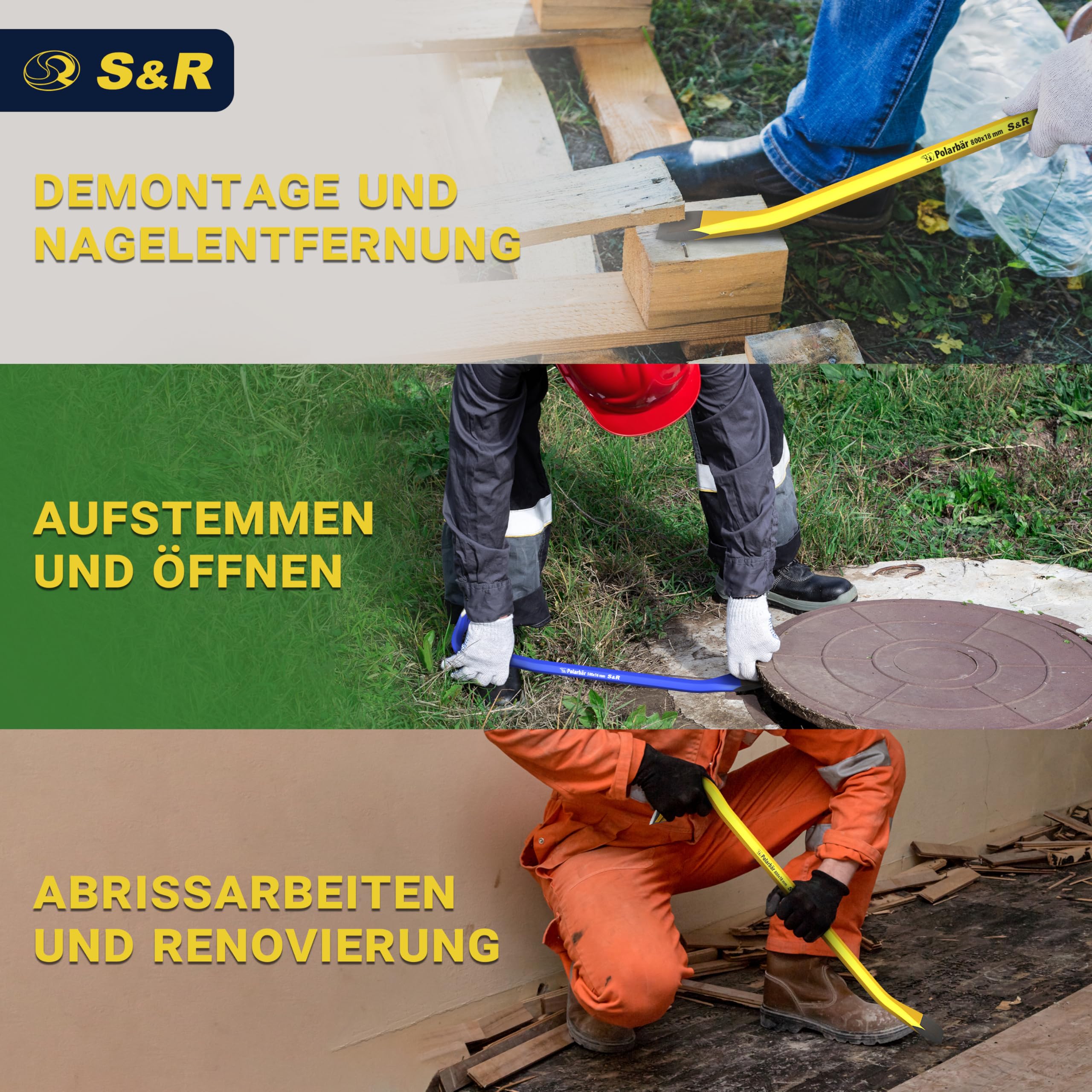 S&R Professional Brecheisen Set 2-tlg 500 x 16 mm, 800 x 18 mm, idealer Härtegrad 38-48 HRC geschmiedet, hitzegehärtet, Stemmeisen, Nageleisen, Brechwerkzeug, Abriss- & Aufbrecharbeit