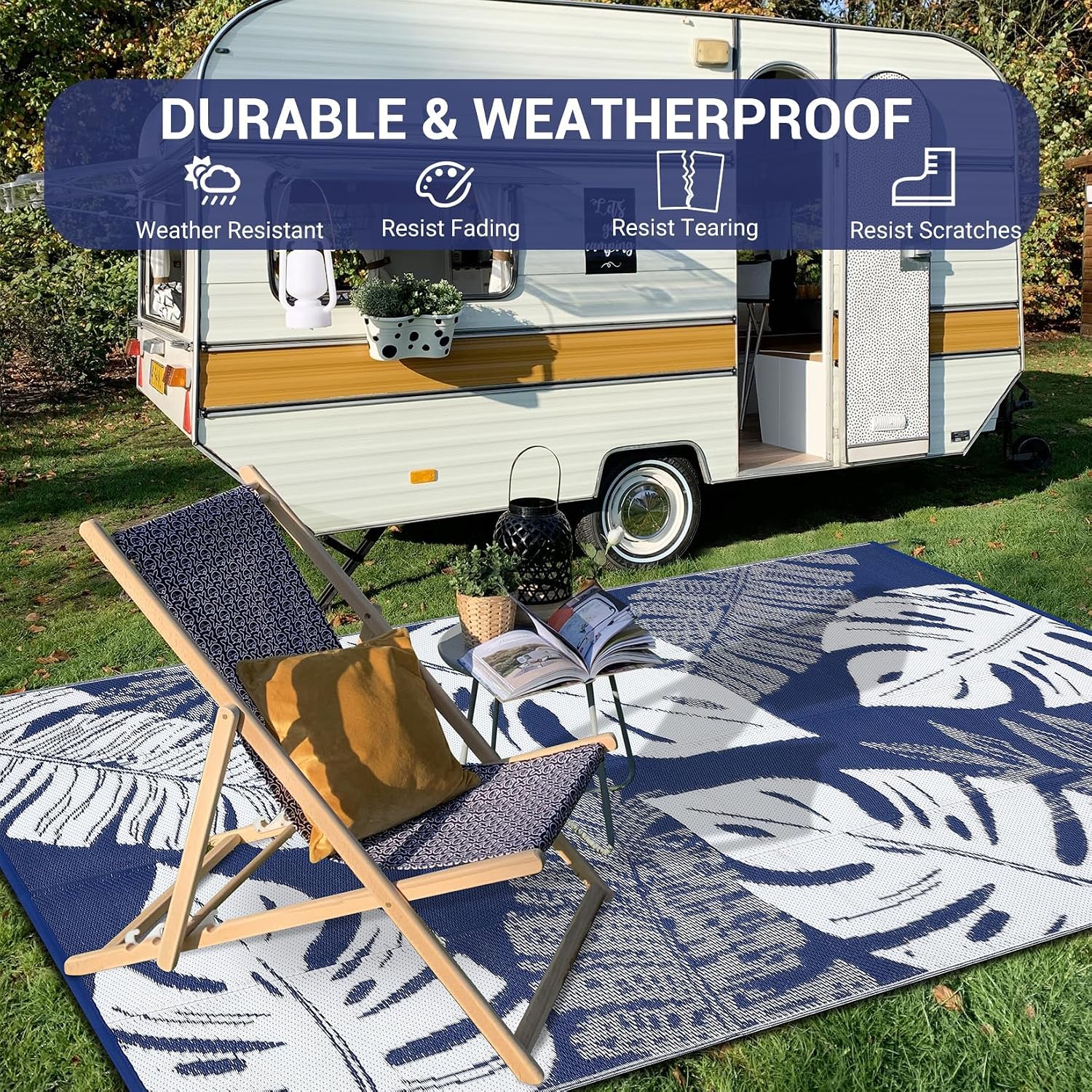 Waterproof Outdoor Rug 10x14 ft, Plastic Straw Patio Area Rug, Reversible Tropical Leaf Porch Mat, Picnic Camping Portable Carpet Rug, for RV Camper, Deck, Balcony, Porch, Beach, Navy/White