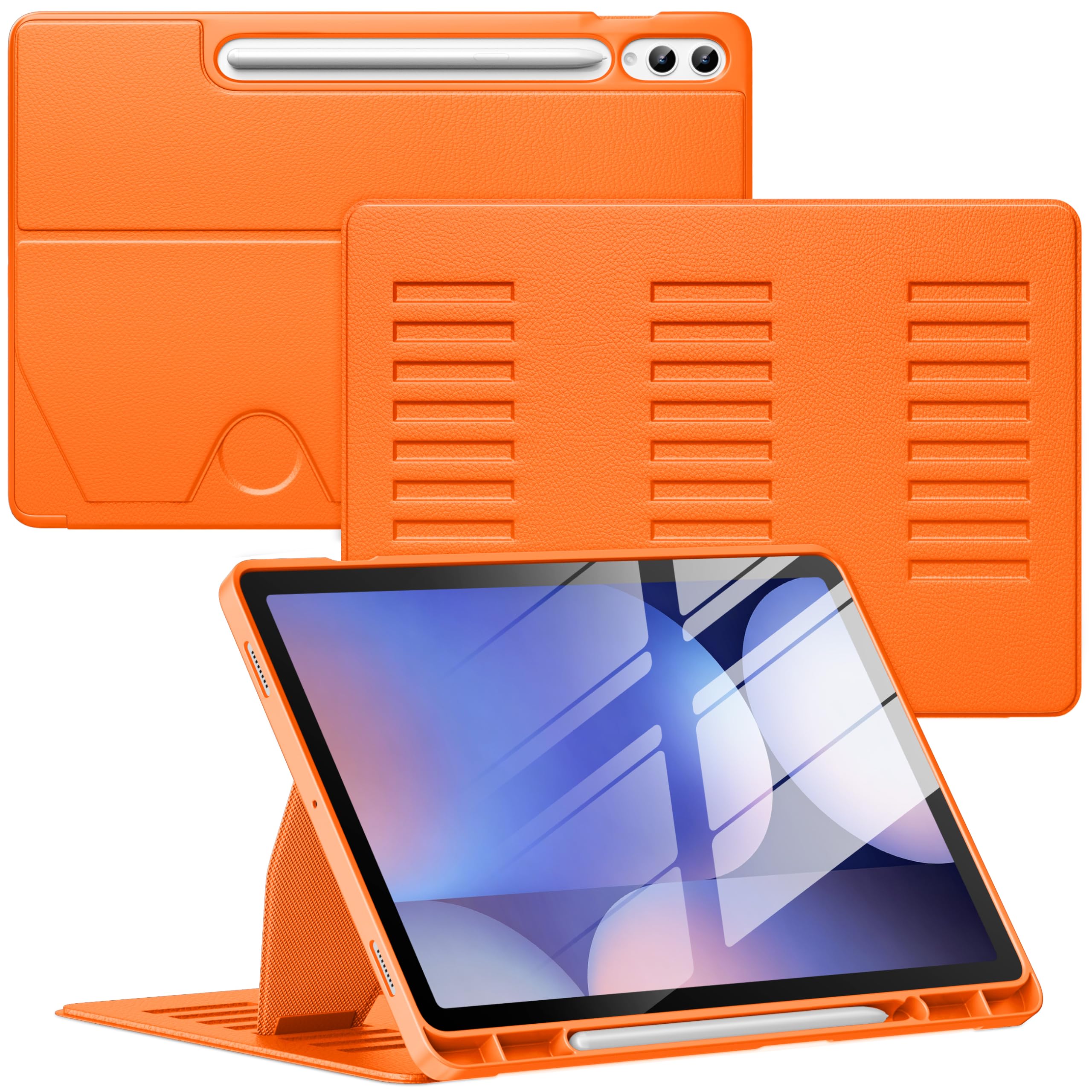 VIKESI Custodia per Samsung Galaxy Tab S10+ Plus 12,4" 2024 | Copertura con supporto multiangolare, retro morbido, portapenne, e spegnimento automatici, arancione