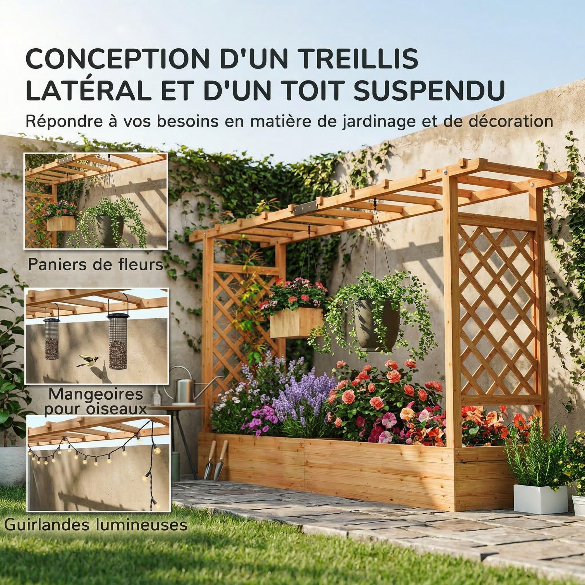 Outsunny Jardinière Surélevée avec Treillis Latéral et Supérieur, bac à Fleurs, lit surélevé Trous de Drainage, pour Plantes grimpantes, Fleurs, extérieur, Bois Massif, 200x44x113,5cm, Bois Naturel