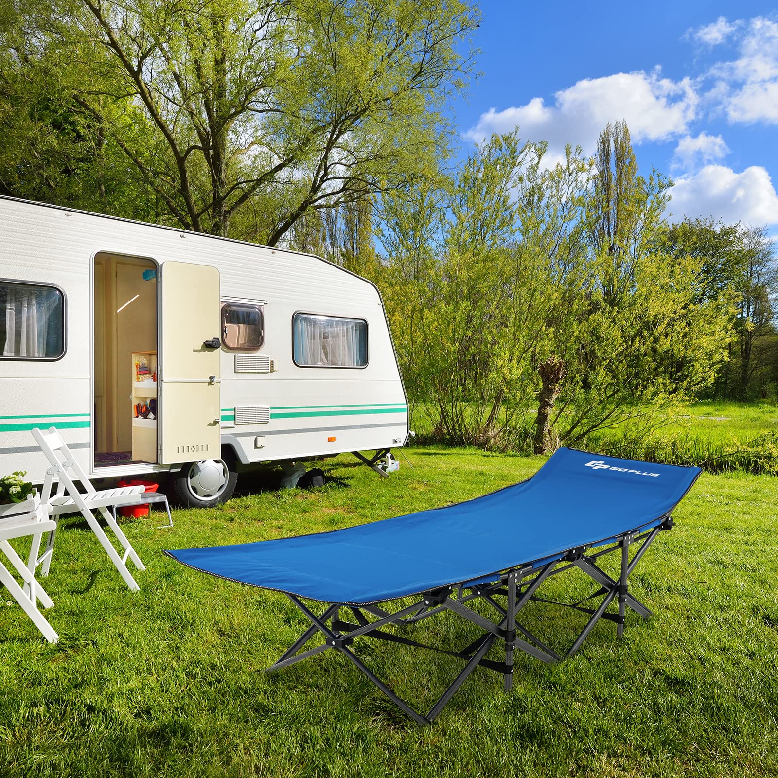 GOPLUS Lit de Camping Pliable 1 Personne avec Appuie-tête Incliné, lit de Voyage Portable avec Poche Latérale & Sac de Transport, Charge 272 KG, pour Camping, Randonnée, Pêche, 190X70X54 CM