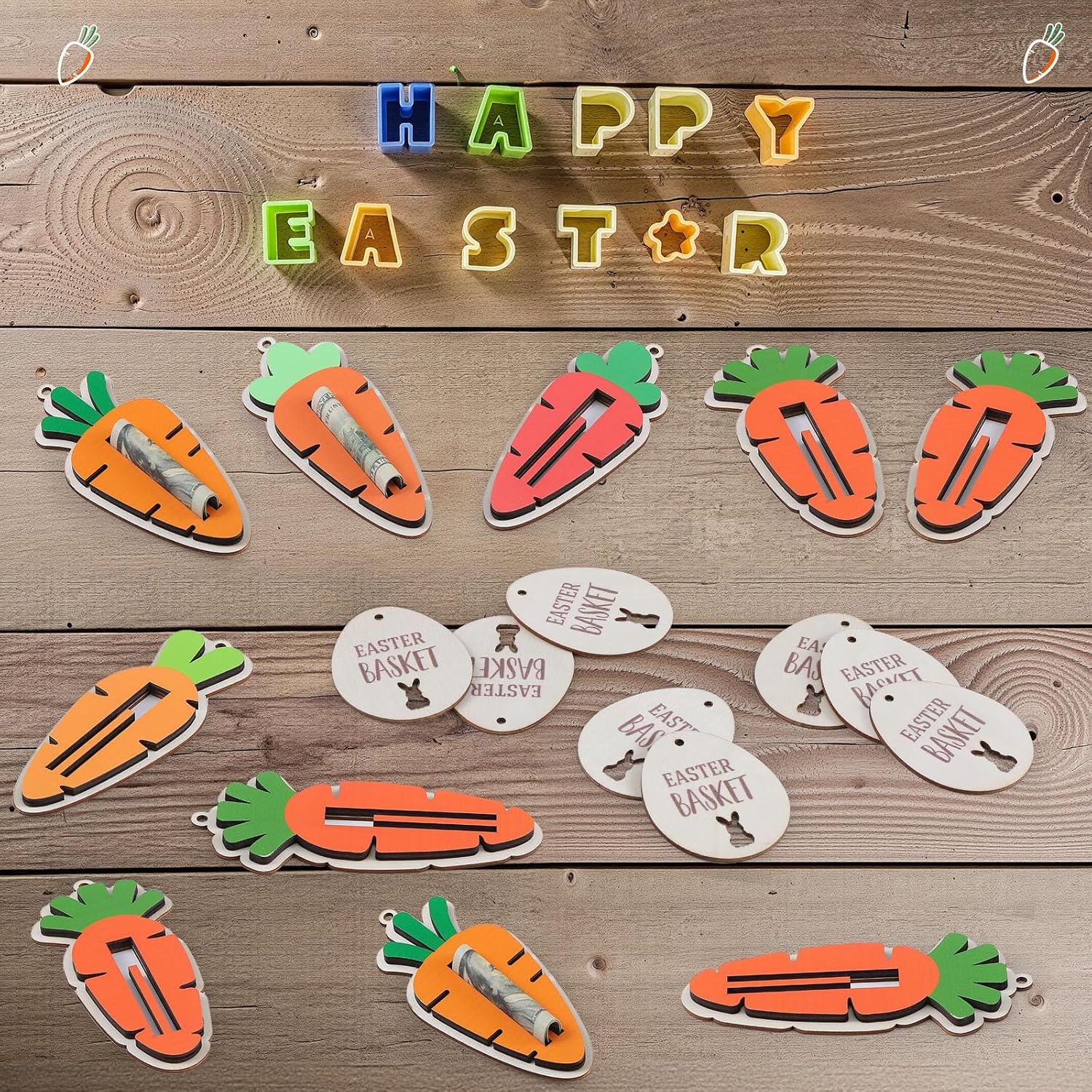 Leinuosen 12 Sets Easter Wooden Carrot Money Holder for Cash Easter Gifts Basket Stuffers Gifts Card Holder with Egg Basket Tag Stuffers for Toddler Kids Teens Spring Decor Party Supplies image 2
