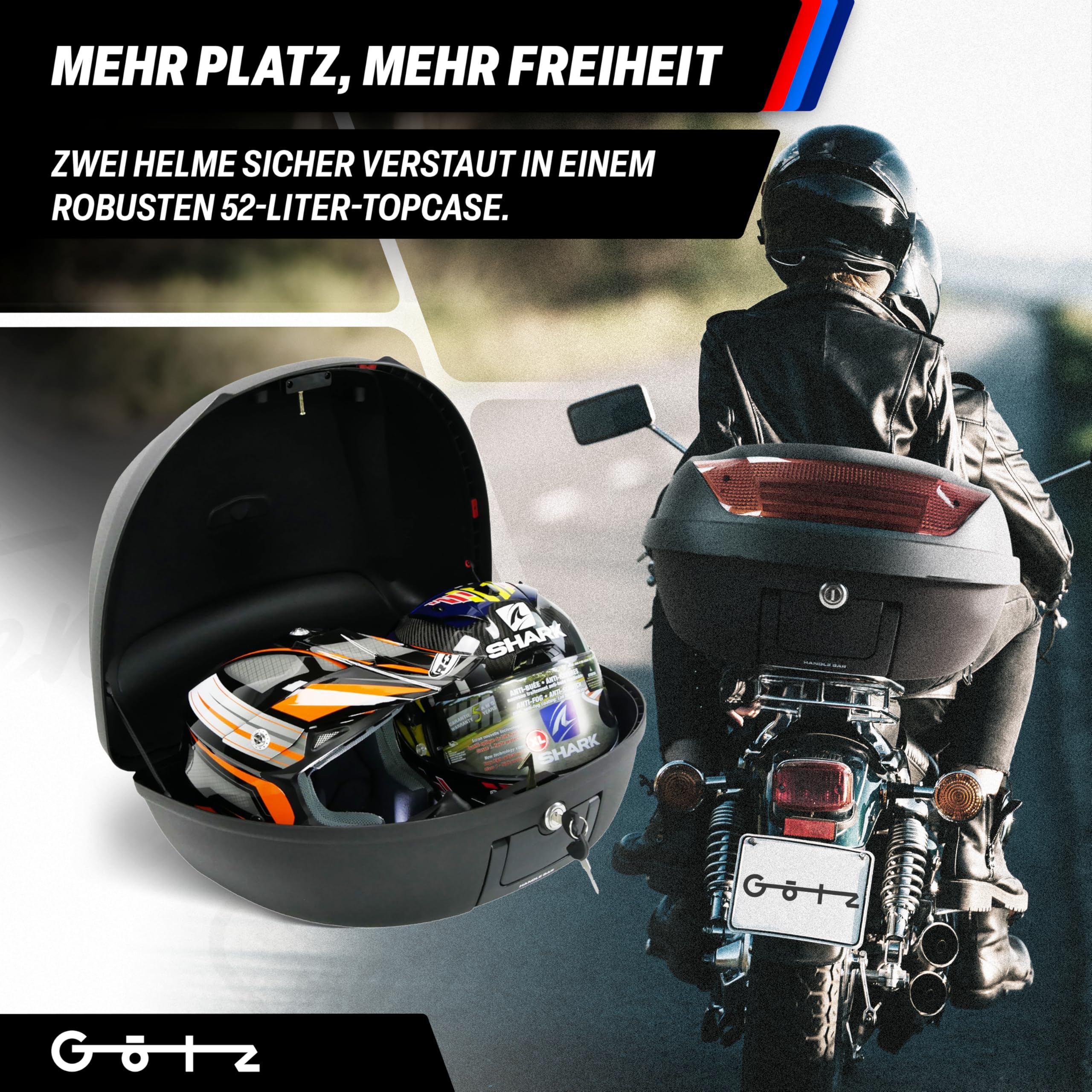 Götz Topcase XXL Motorradkoffer passend 2 Helme Top case 52L Roller Motorrad Quad