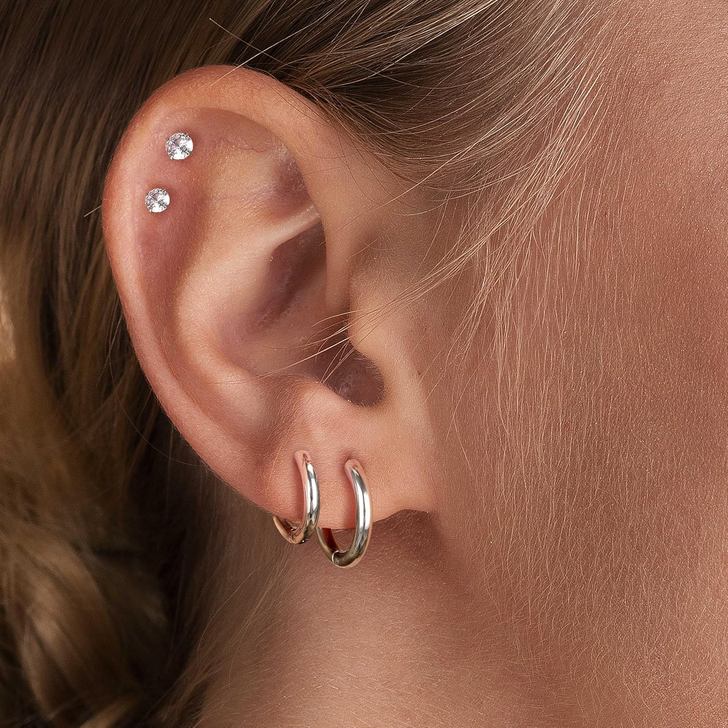 9 Pairs Small Silver Huggie Hoop Earrings Set for Women,Surgical Steel Hypoallergenic Cubic Zirconia Stud Earrings Cartilage Multiple Piercing for Women - Image 3