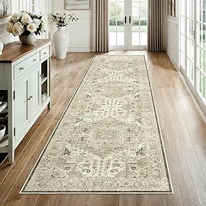 Madane 3x12 Hallway Runner Rug - Non Slip Washable 12ft Runner for Hallways Soft Vintage Kitchen Rugs Low-Pile Carpet Runner for Entryway Bathroom Thin Floor Mat for Bedroom Dining Room, Ivory/Brown