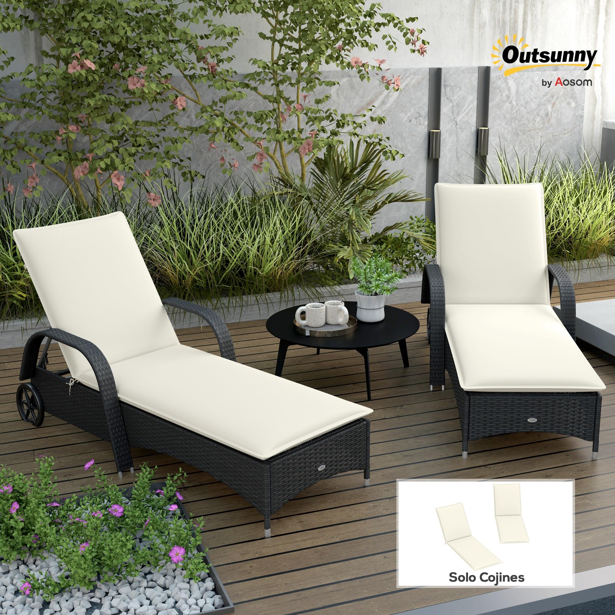 Outsunny Pack 2 Cojines para Tumbonas Plegables UV 193x58x6 cm Crema | Colchonetas para Tumbonas de Jardín Exterior, Con Correas de Sujeción, Resistente a Salpicaduras