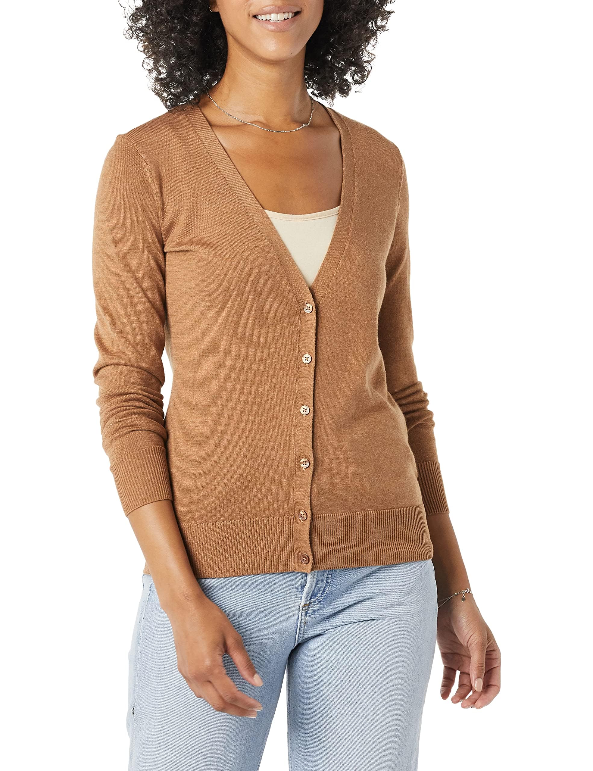 Amazon Essentials Women's Lightweight Cardigan Sweater, Camel Heather, XL