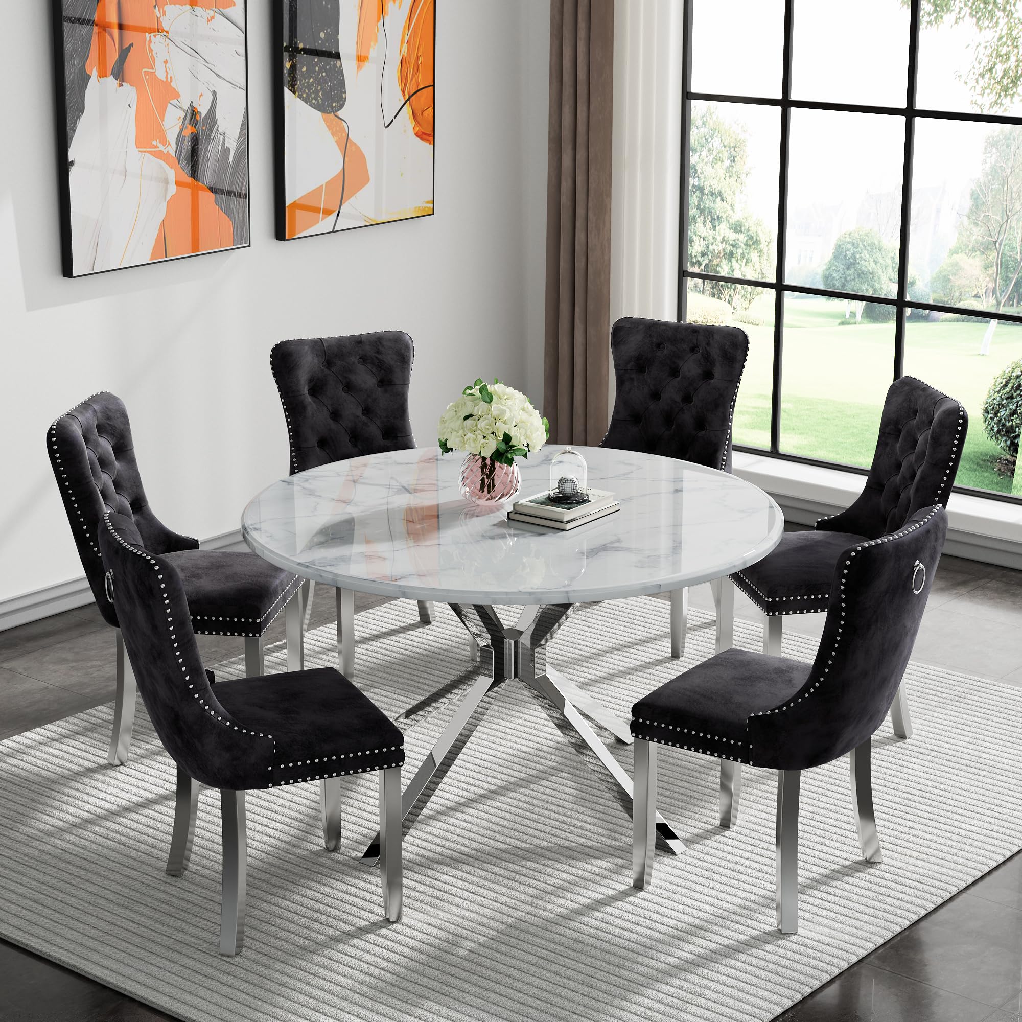 7-Piece Round Dining Table Set for 6, Modern Faux Marble Kitchen Table and Black Velvet Chairs Set of 6, Luxury 45" Circle White Silver Dining Room Tables with Stainless Steel Cross Legs