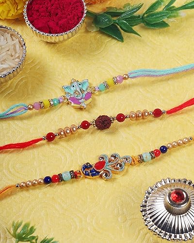 Miniatura 3 de Multicolor Beads Rakhi Set of 3 Rakhi for Brother with Raksha Bandhan Rakhi Greeting Card  Roli Chawal Tika - Raksha Bandhan Rakhi for Brother