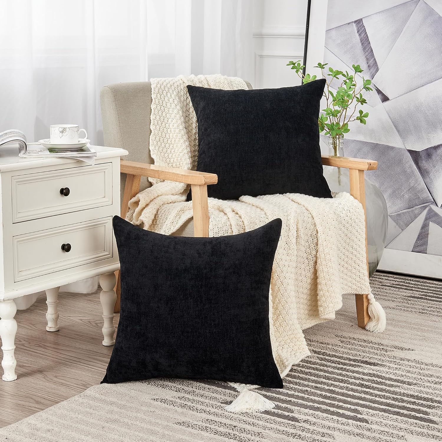 GAWAMAY Decorative Square Throw Pillow Covers 20"x20" Inch Set of 2, Super Soft Chenille Pillows Farmhouse Fall Pillowcase for Living Room Bedroom Sofa Couch Cushion Cover Black 50x50cm (No Insert) - Image 3