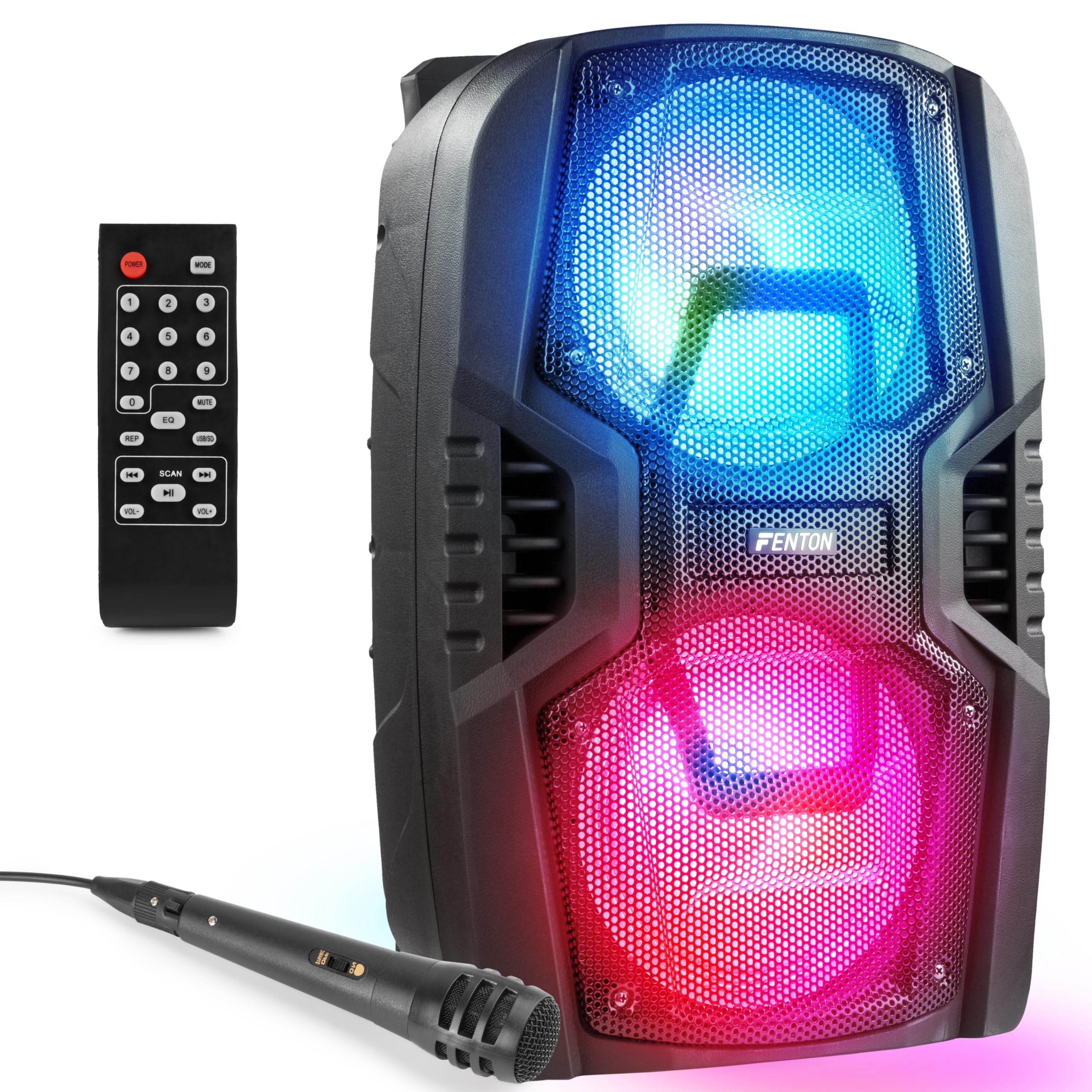 Fenton FT208LED - Altavoz portátil Bluetooth con batería con 2 woofers de 8" y 500W, Altavoz portátil con Ruedas, USB, SD, AUX, Micro con Cable, iluminación LED, Ideal para Fiestas y animaciones