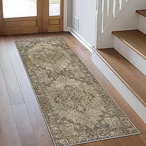 GENIMO 2'6''x10 Runner Rugs for Hallway, Machine Washable Non Slip Vintage Rugs, Low Pile Lightweight Soft Print Rug for enrtyway, Corridor, Home Office, Kitchen, Rustic Brown