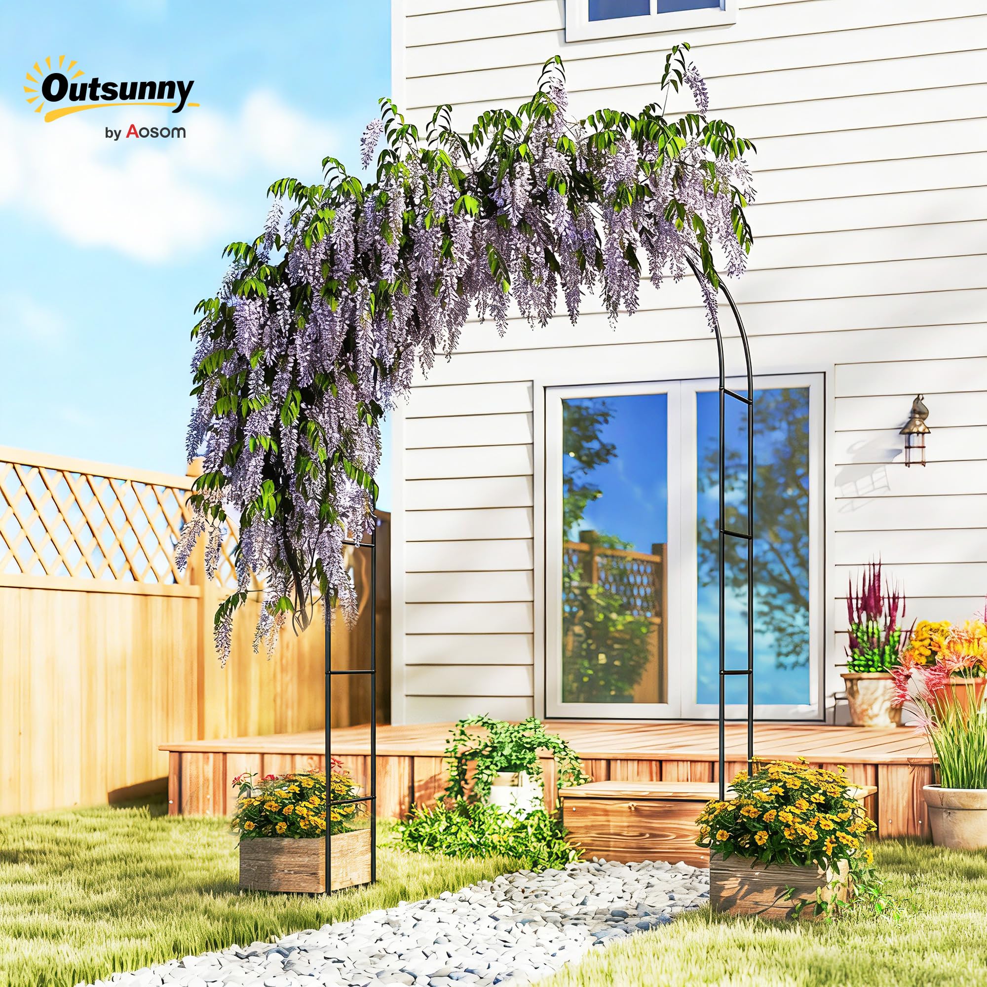 Outsunny Arche de Jardin avec 2 Bases, Arche Jardin pour Plantes Grimpantes Rosiers Vignes, Arche de Mariage pour Extérieur Jardin Cour, 145x39x237cm, Noir