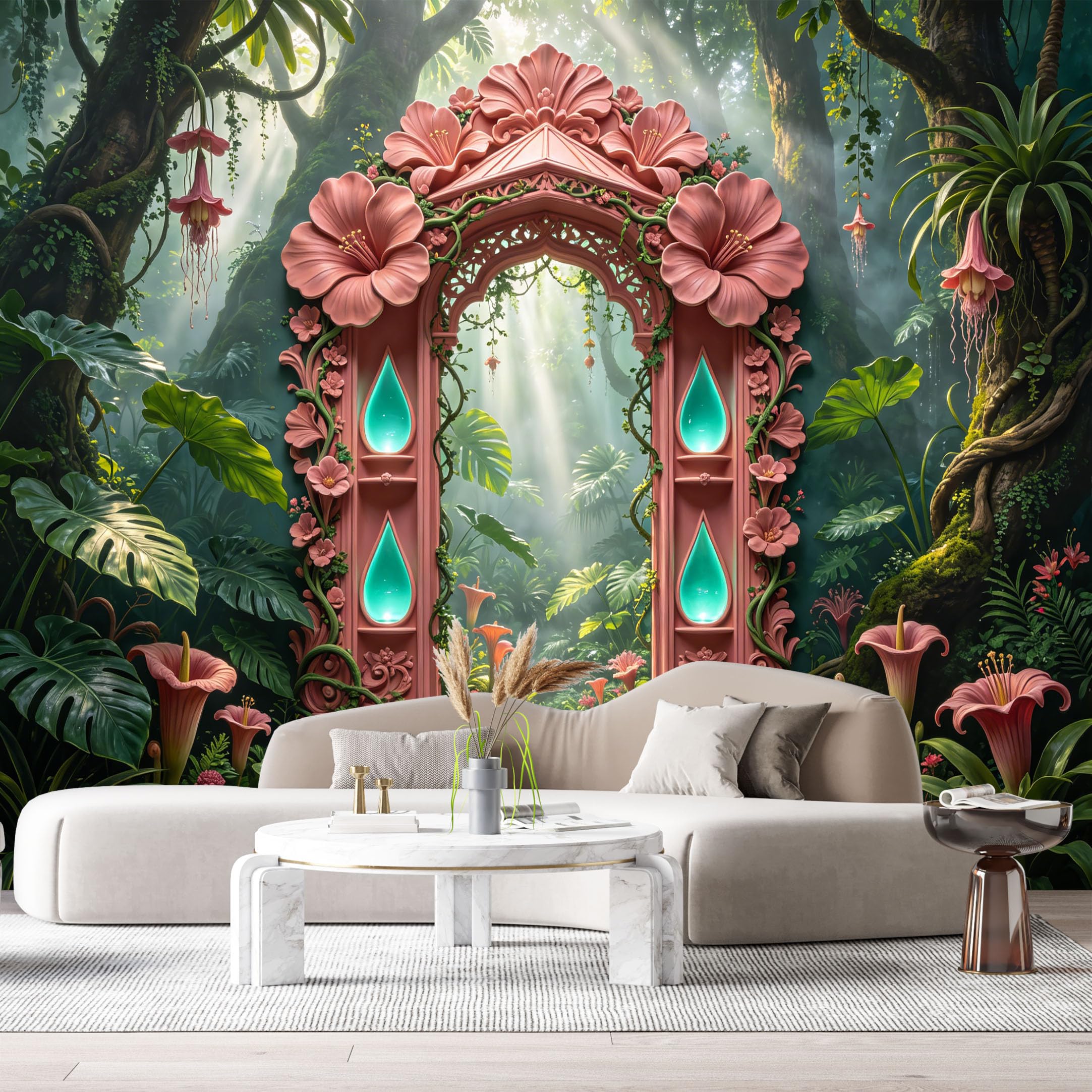 Custom Size Wall Murals Jungle Tropical Archway Gems 3D Trompe L'Oeil SelfAdhesiveWall Fabric Removable Wallpaper Wall Decor for Living Room Bedroom Bathroom